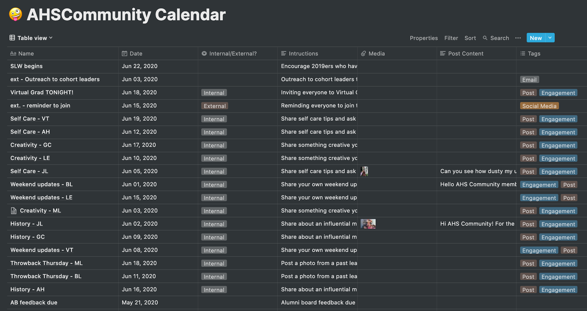 AHSC staff content calendar, view 2