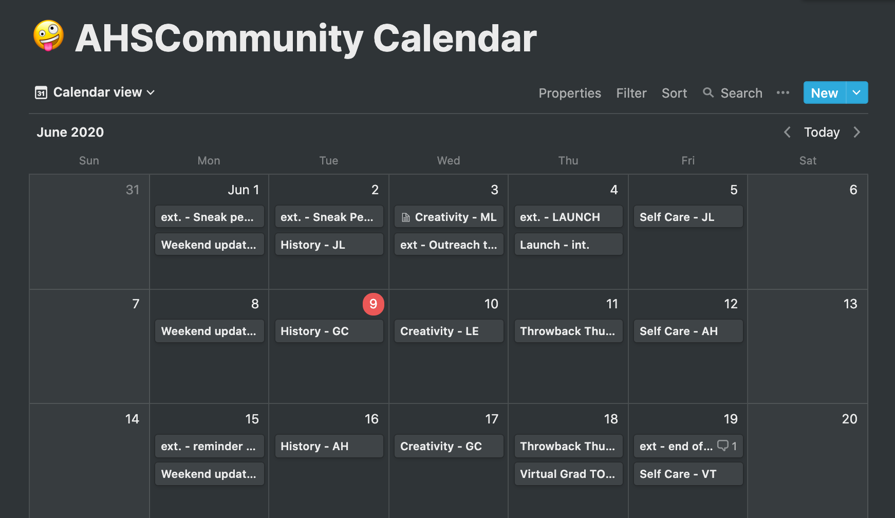 AHSC staff content calender, view 1