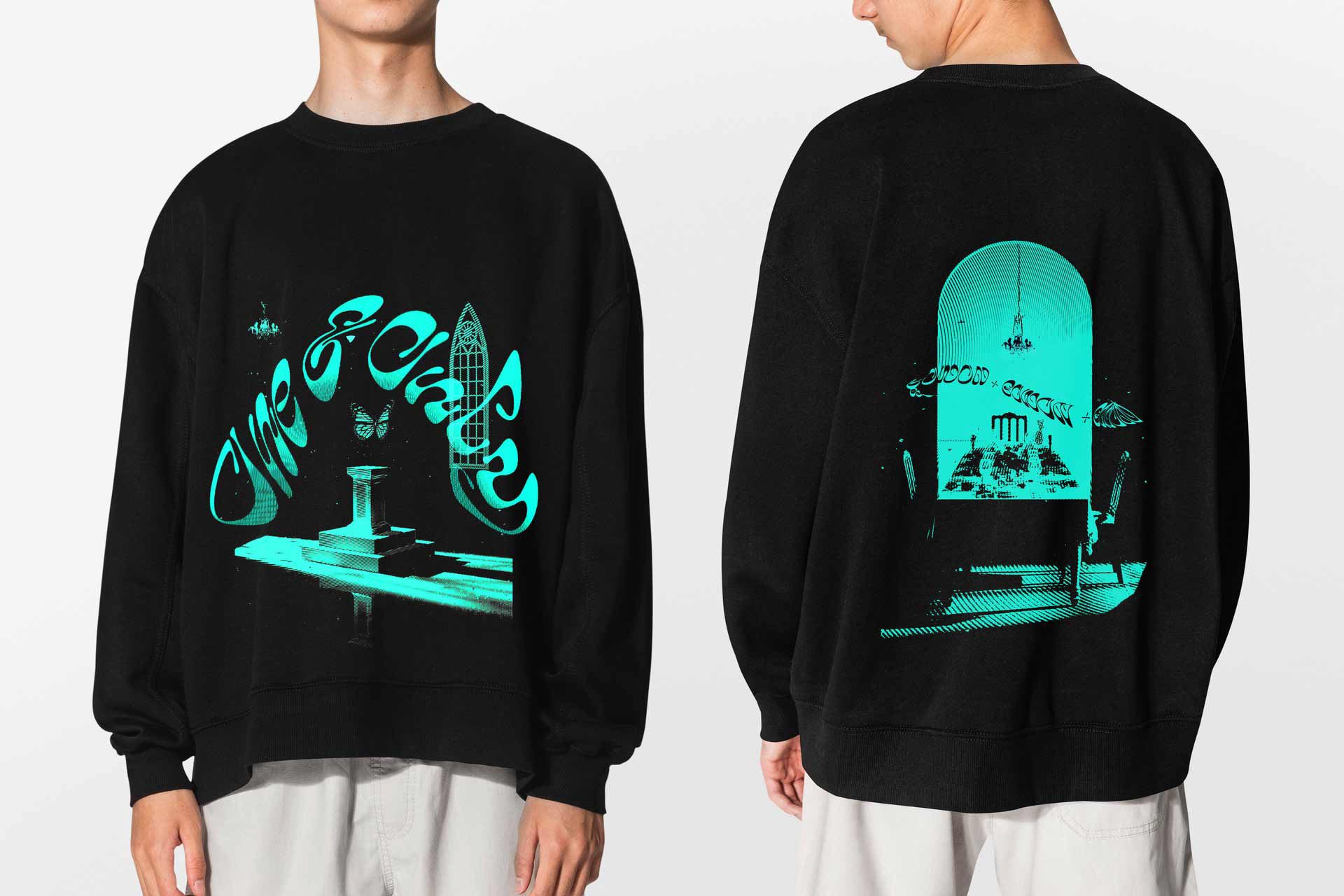 A merch concept for korean girl group LOONA based on member Gowon's One & Only. Black and Turquoise crewneck mockup with a design by Mtende Moyo.