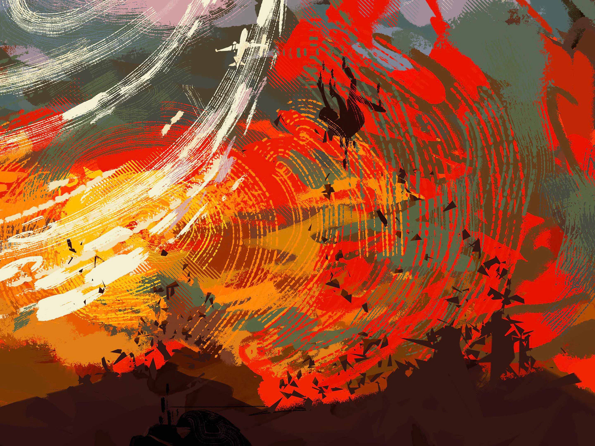 Closeup shot of The Terminal by Mtende Moyo. Depicts a silhouette falling from the sky amidst a red palette.