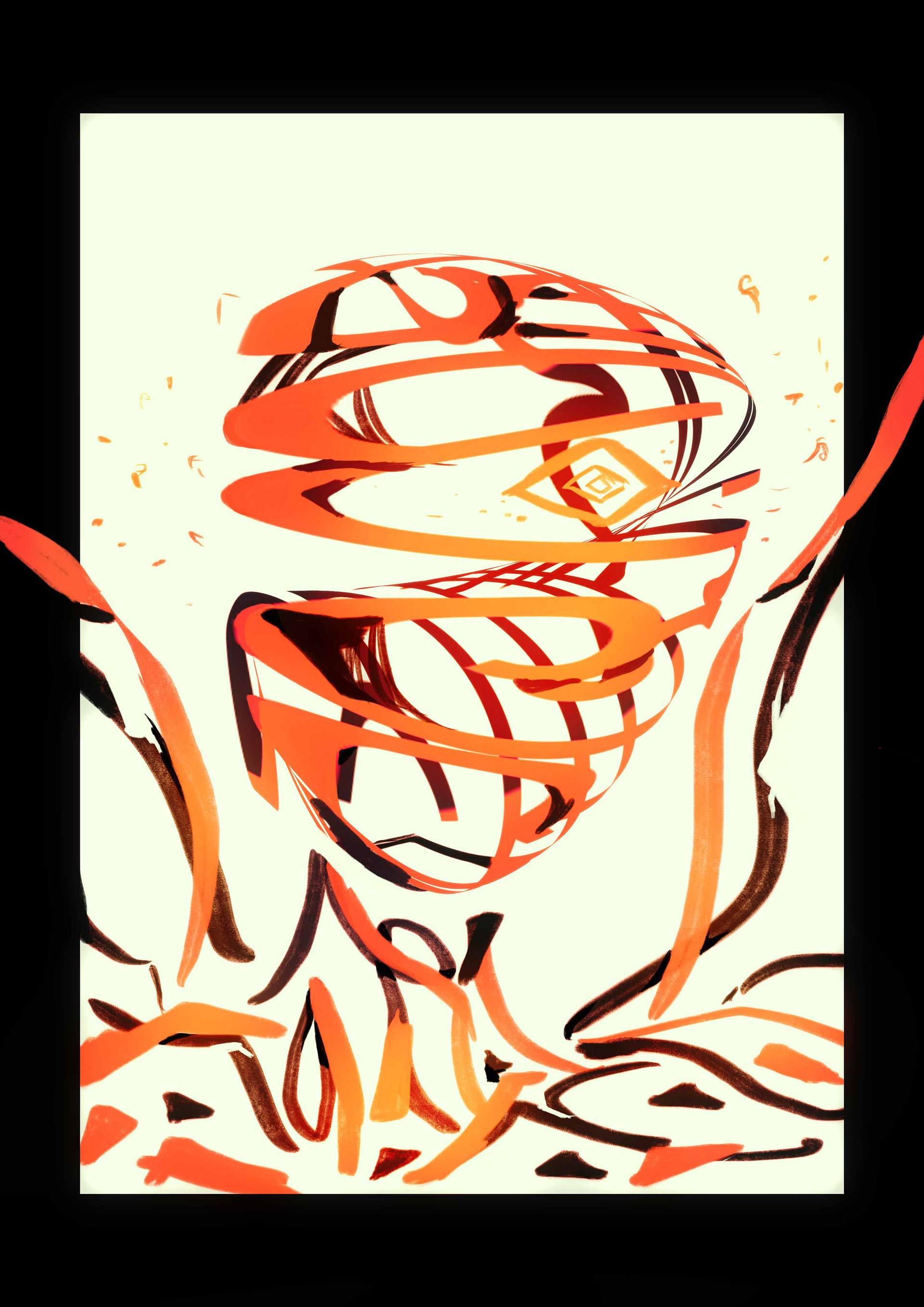 Tethered by Mtende Moyo. Digital drawing depicting the human soul as orange lines of energy.