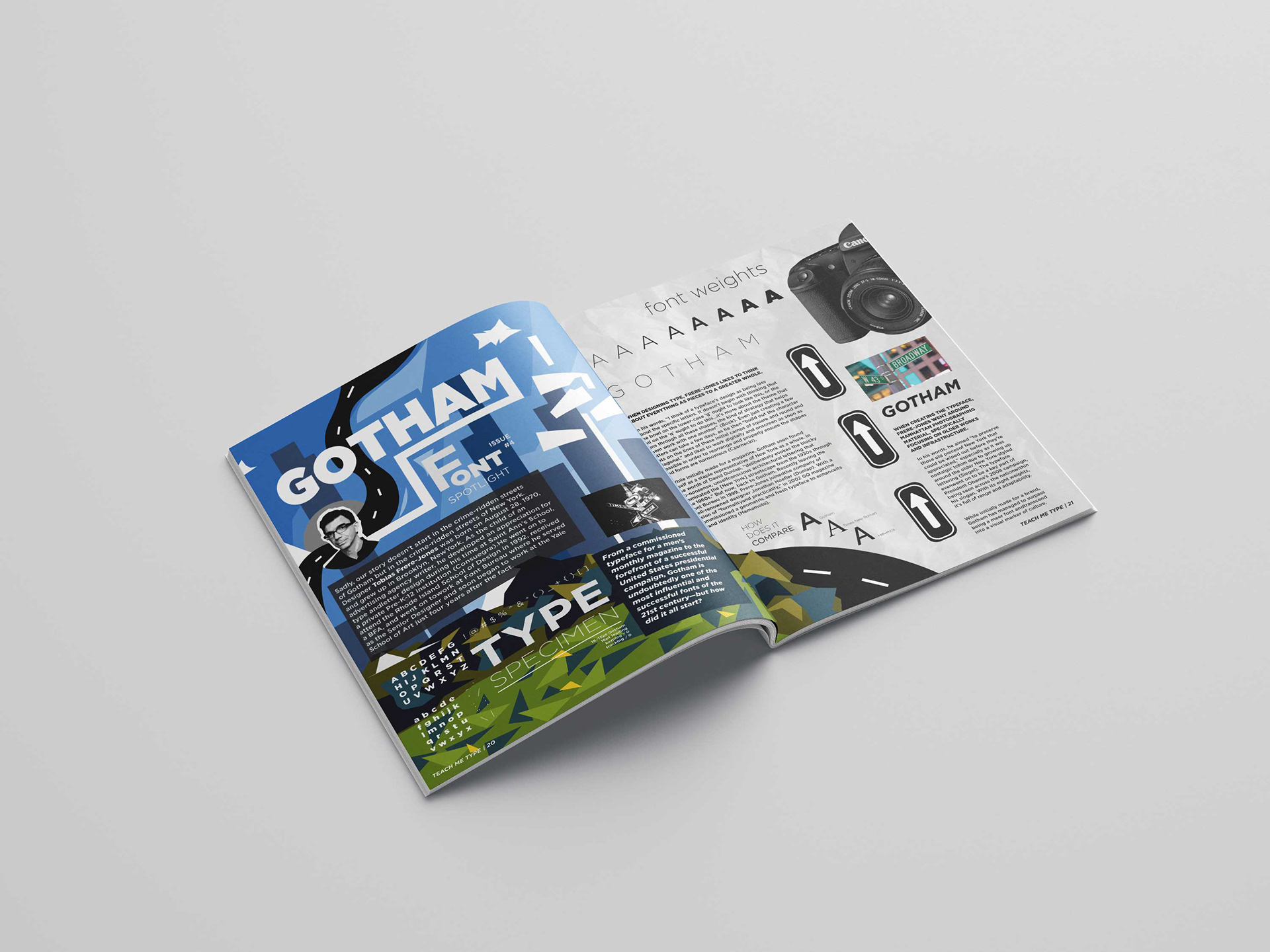 A mockup of  a magazine spread based around the font Gotham by Tobias Frere-Jones. Layout created by Mtende Moyo.