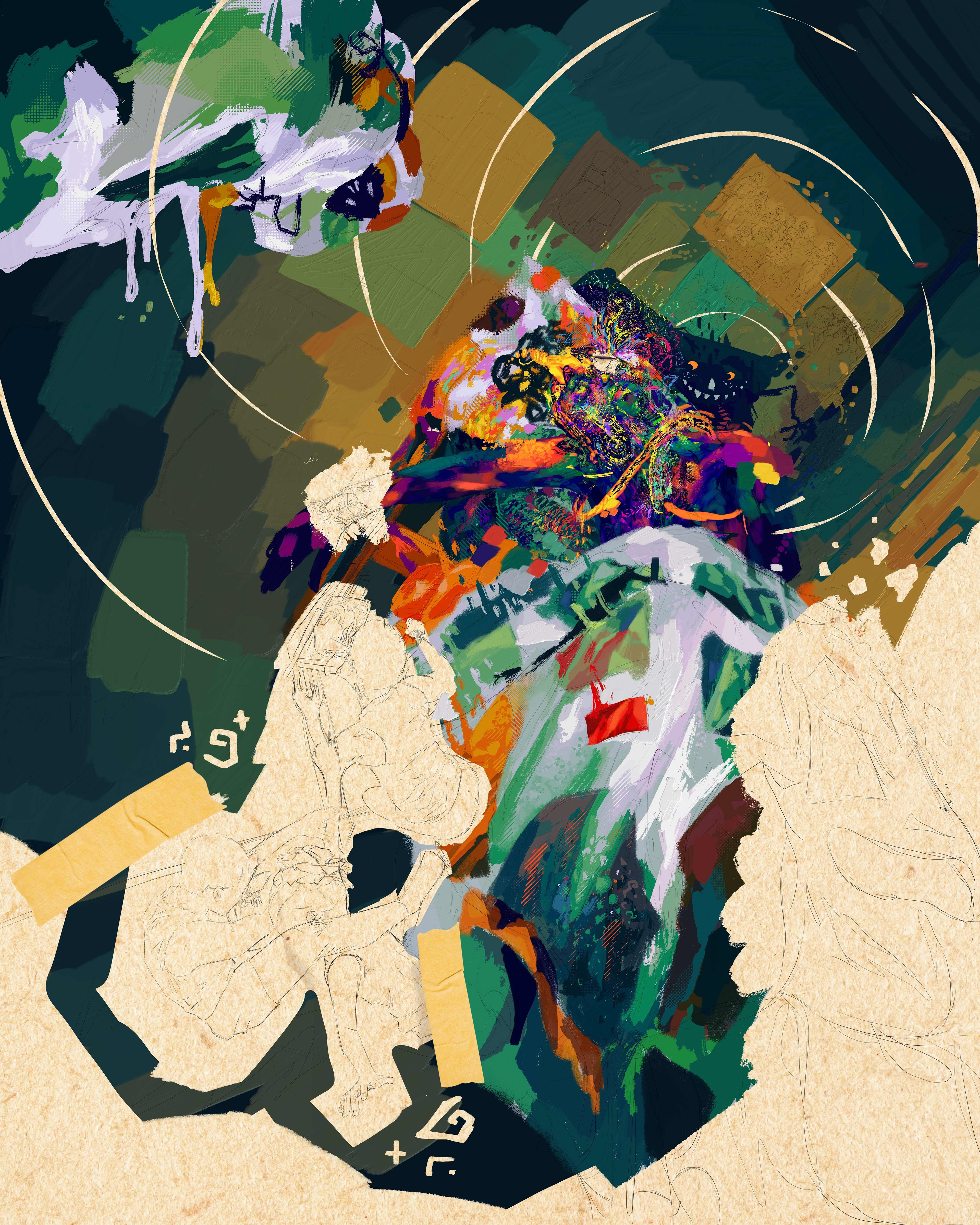 Please, Wake Up by Mtende Moyo. Digital Illustration of a figure being drained of it's color lying in bed. 