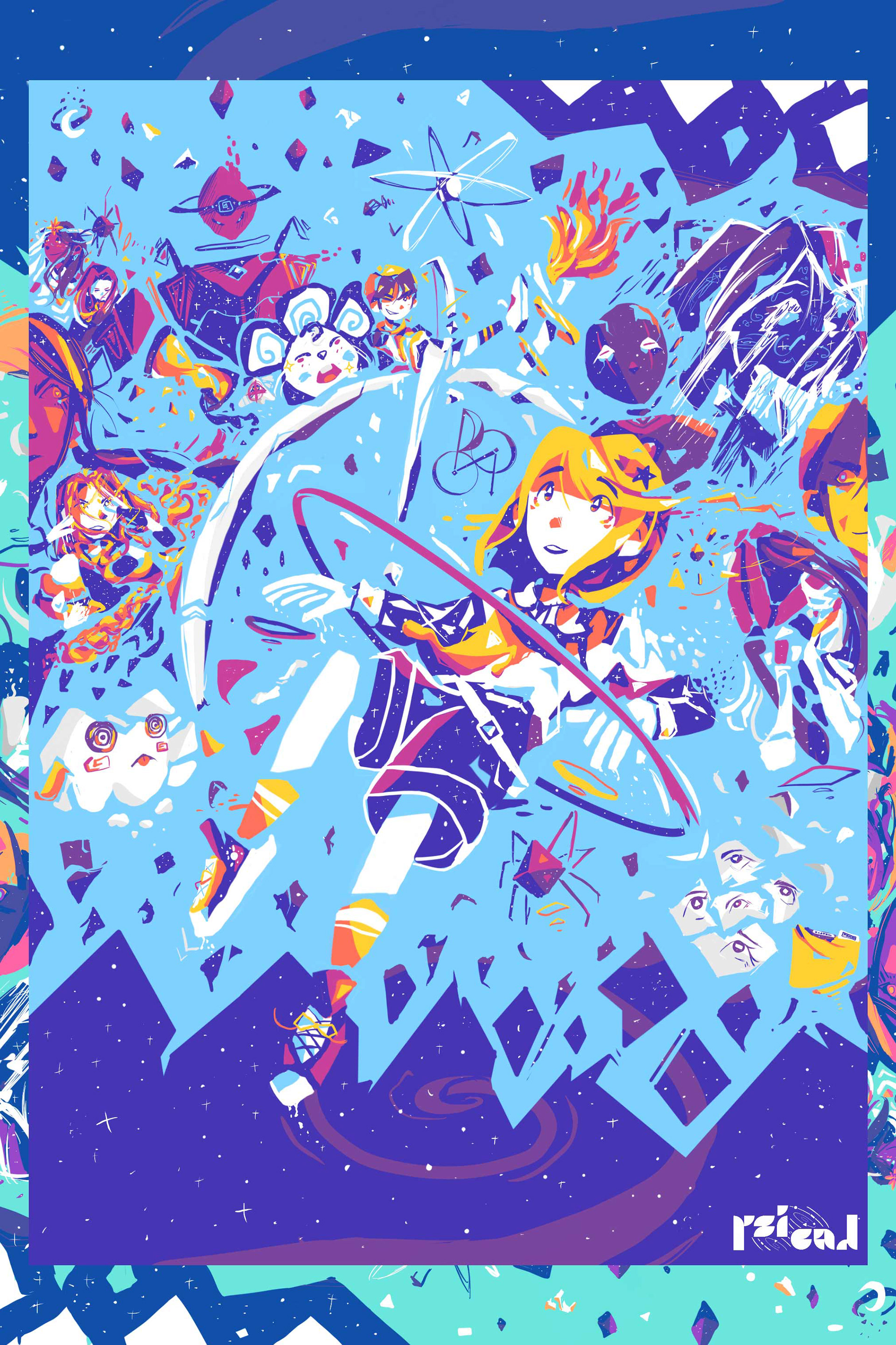 Illustrative character poster for Psionic Academy by Mtende Moyo. Depicts a girl floating amidst fractured memories and a clock with a vibrant, limited color palette.