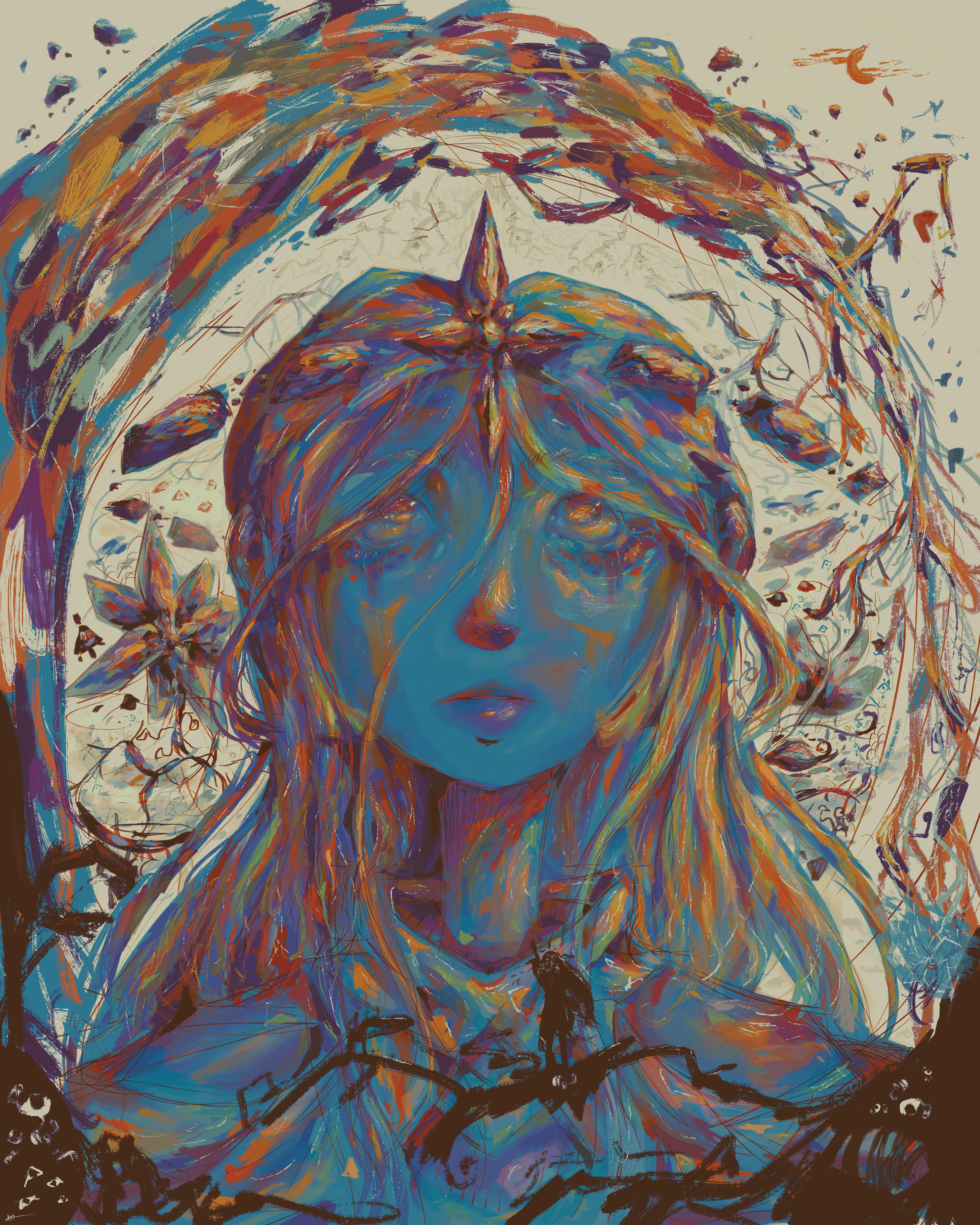 The Edge of Destiny by Mtende Moyo. A digital art piece depiciting a glowing blue woman facing a silhouette of herself in a painterly, abstract, mindspace with monsters and flowers.