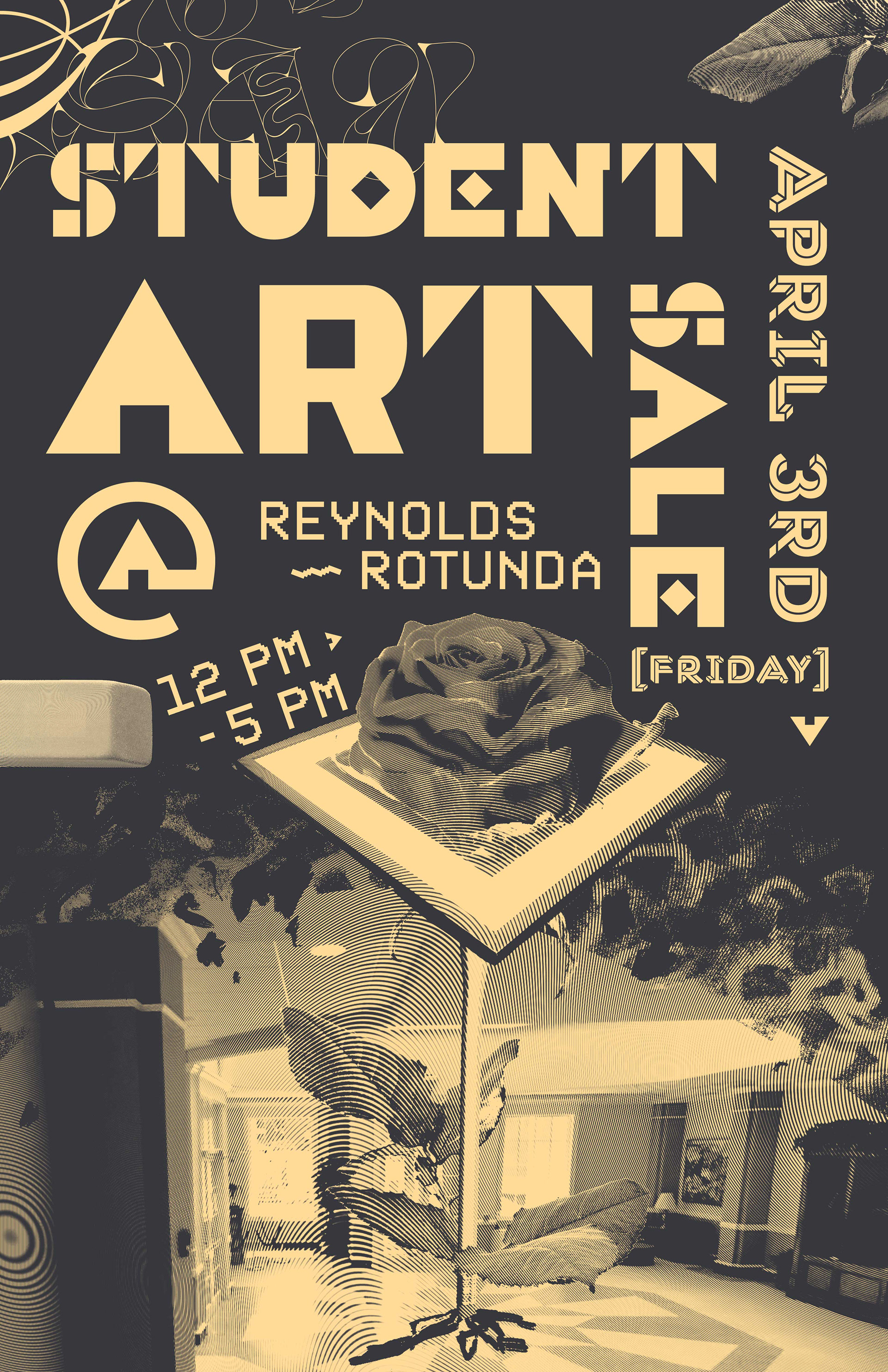 An illustrative linography-inspired poster created by Mtende Moyo for the SAU 2025 Student Art Sale at Southern Arkansas University, Magnolia, Arkansas.