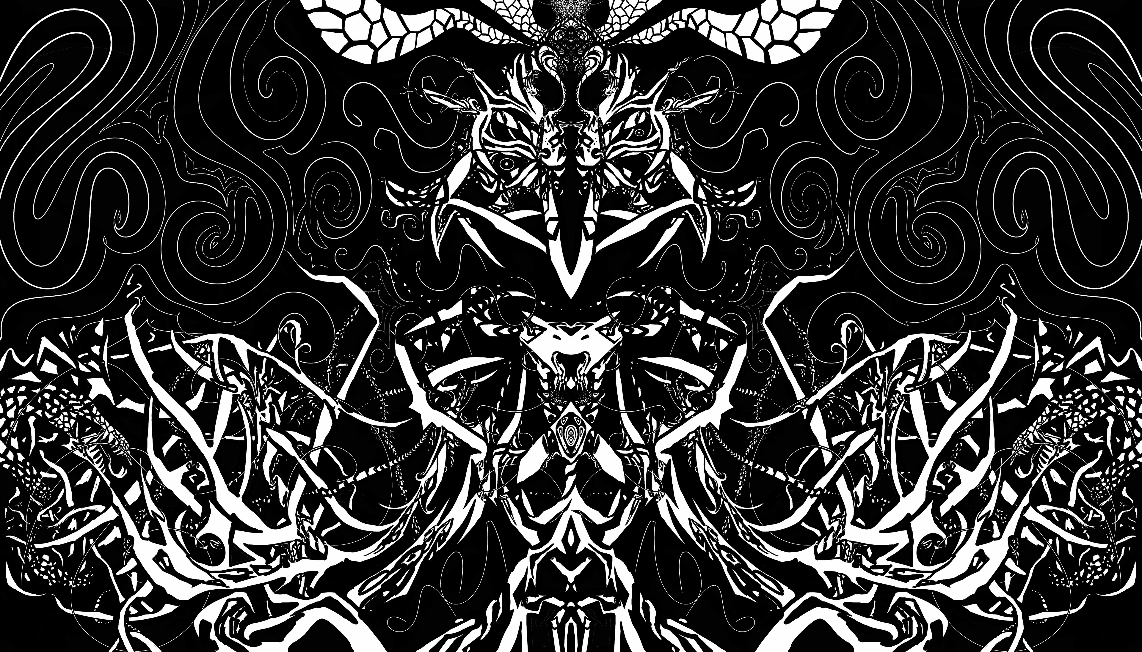 Monocromatic digitally inked piece titled I'm Here I'm Everywhere by Mtende Moyo. Depicts an amalgamous, symmetrical nature entitiy.