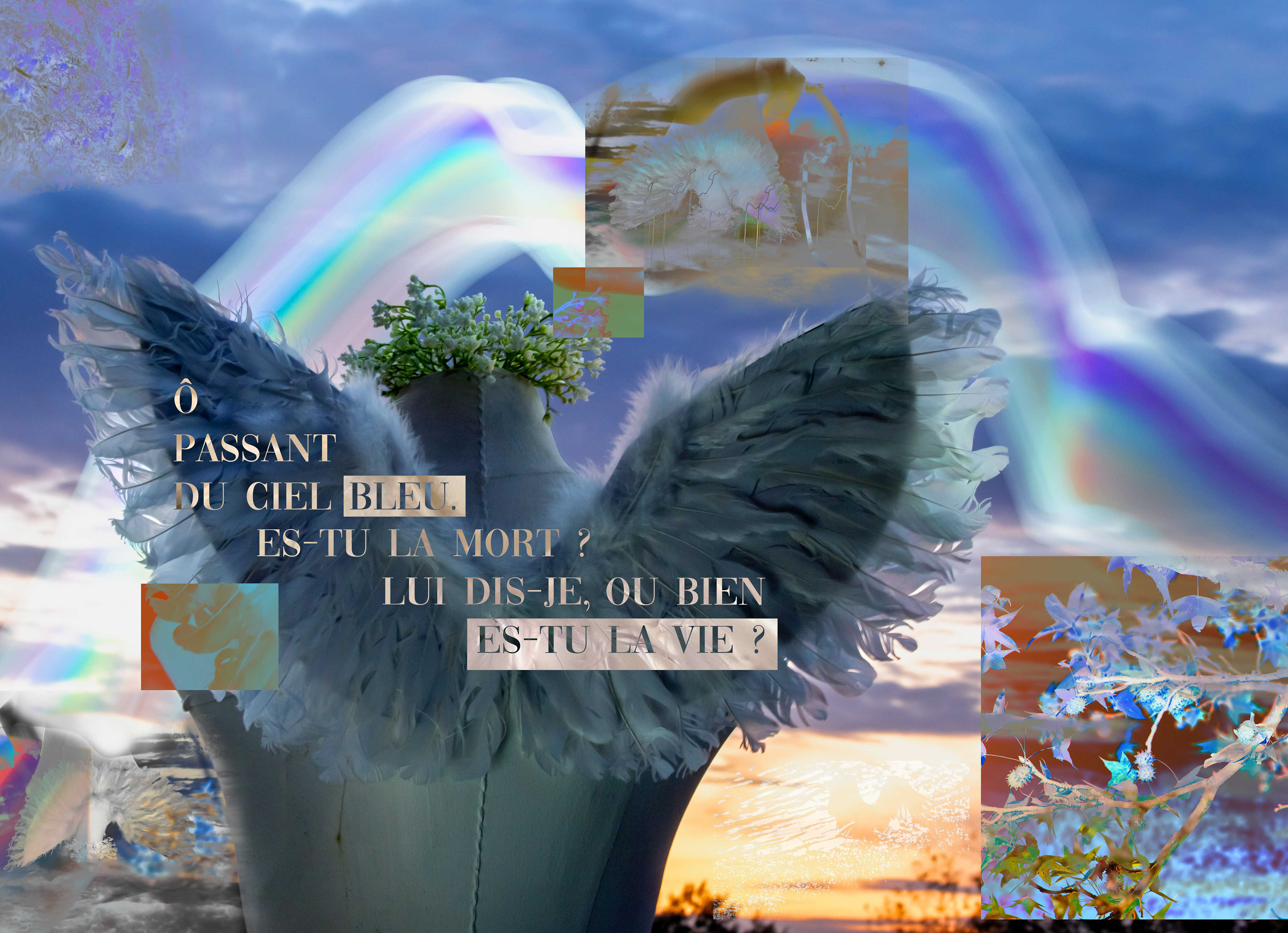 A photographic poster inspired by  Apparition by Victor Marie Hugo, reading Ô passant du ciel bleu, Es-tu la mort ? lui dis-je, ou bien es-tu la vie? Graphic by Mtende Moyo. 