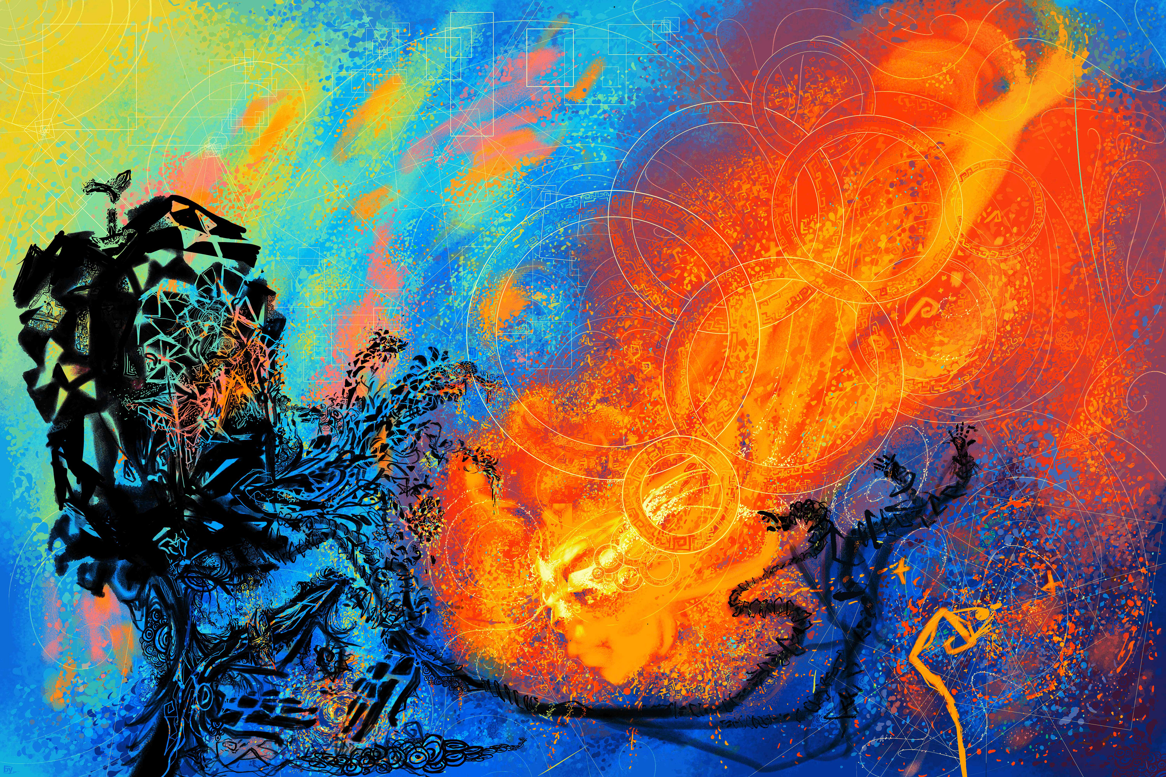 Image of an abstract sunset with head falling from the sky. Digital Drawing by Mtende Moyo.