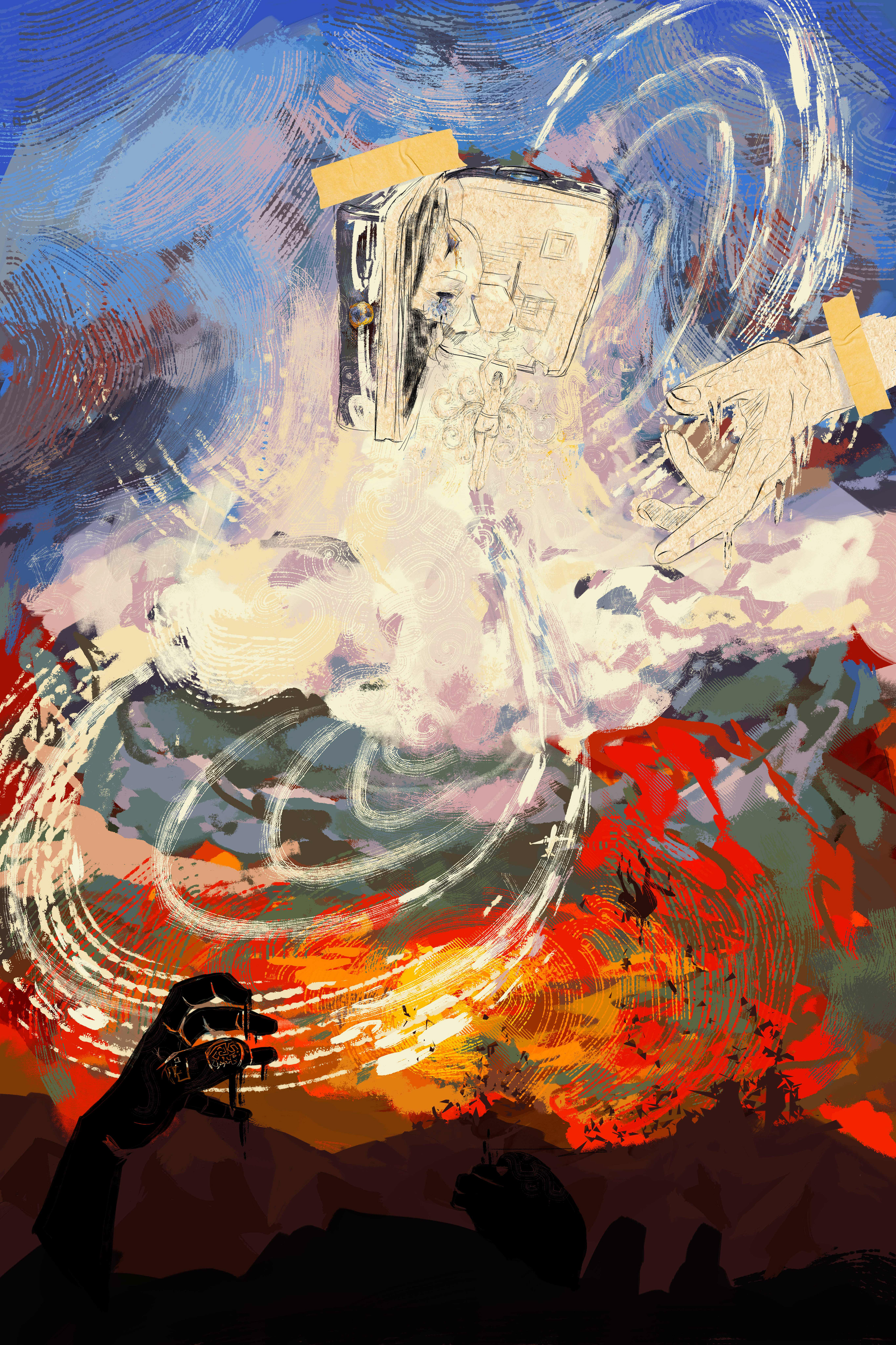The Terminal by Mtende Moyo. Digital painting exploring moodswings and emotional cycles. Depicts a figure hanging from a suitcase in the sky high above a firery red mountain sky, with a mobious strip circling between the blue and red halves.