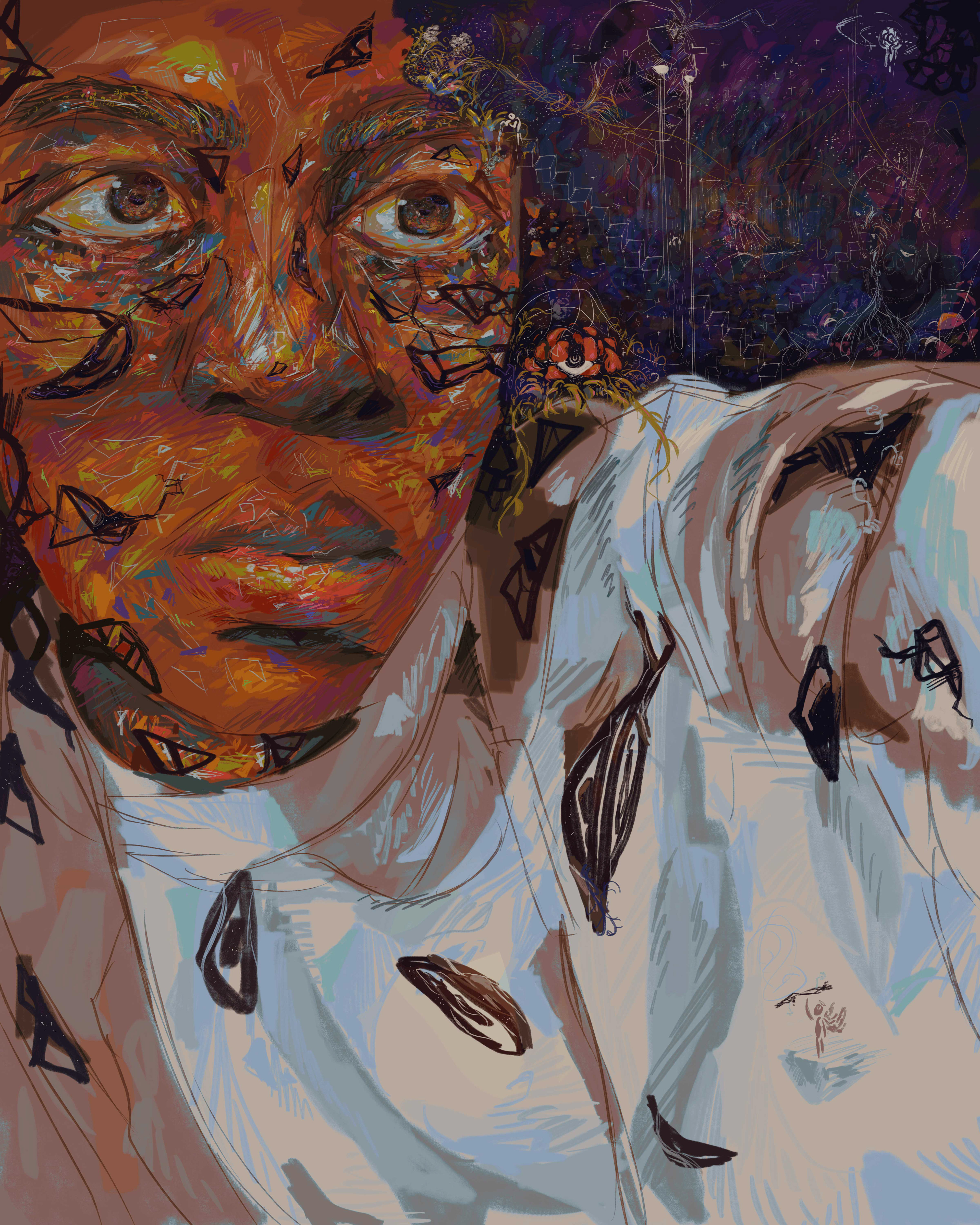 Garden of Thought by Mtende Moyo.  A digitally drawn abstract self portrait of a head being watered like a plant, spouting out a flower of soul in space.