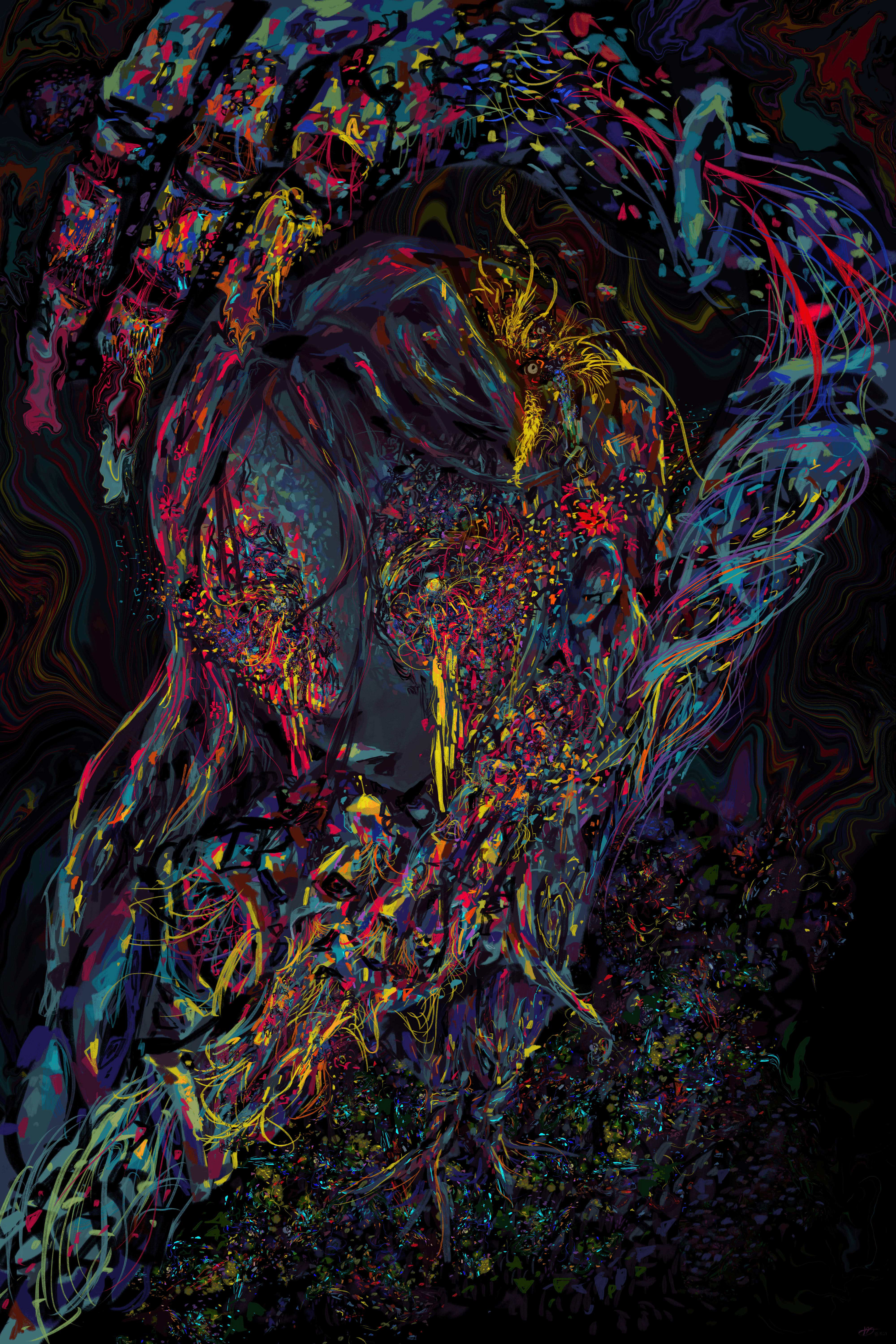 Wilted, Waning by Mtende Moyo. An abstract depicion of a human turning into a living plant or tree, semented in the ground in a nightmarish vision sequence.
