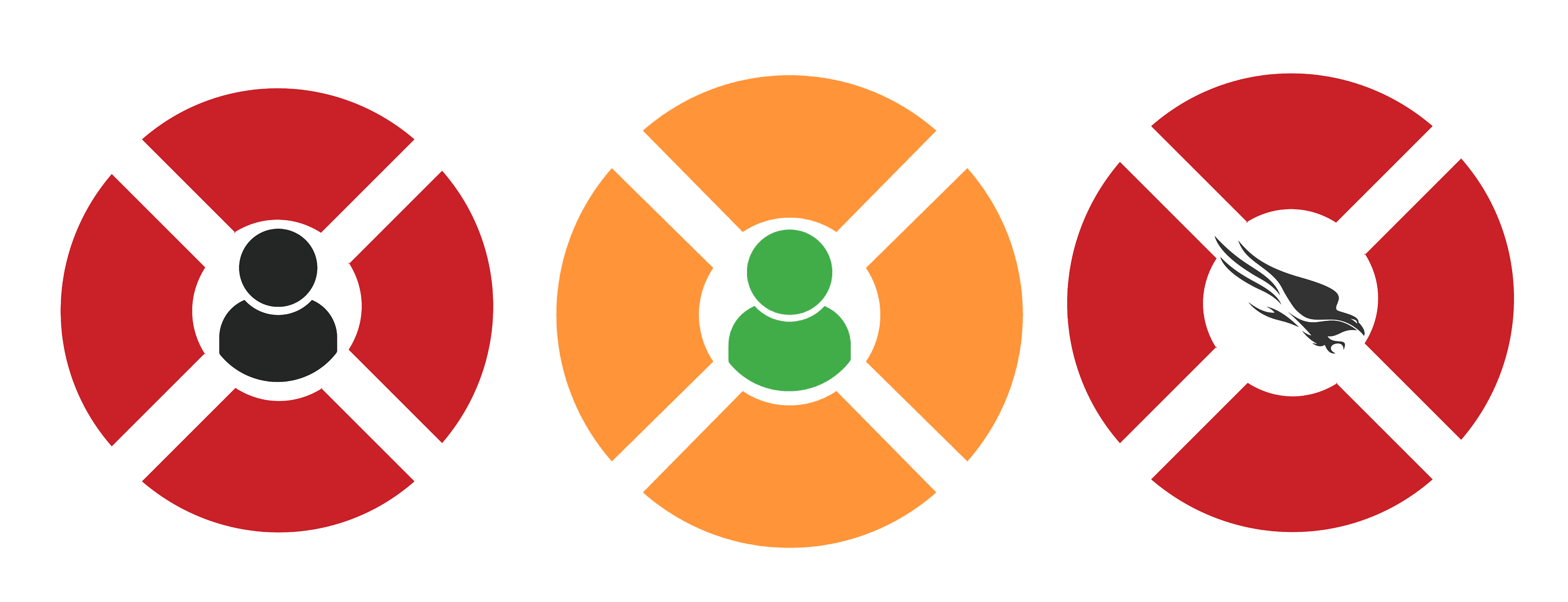 three life raft icons: red and black with a person inside, orange and green with a person inside, and red and black with a falcon inside.