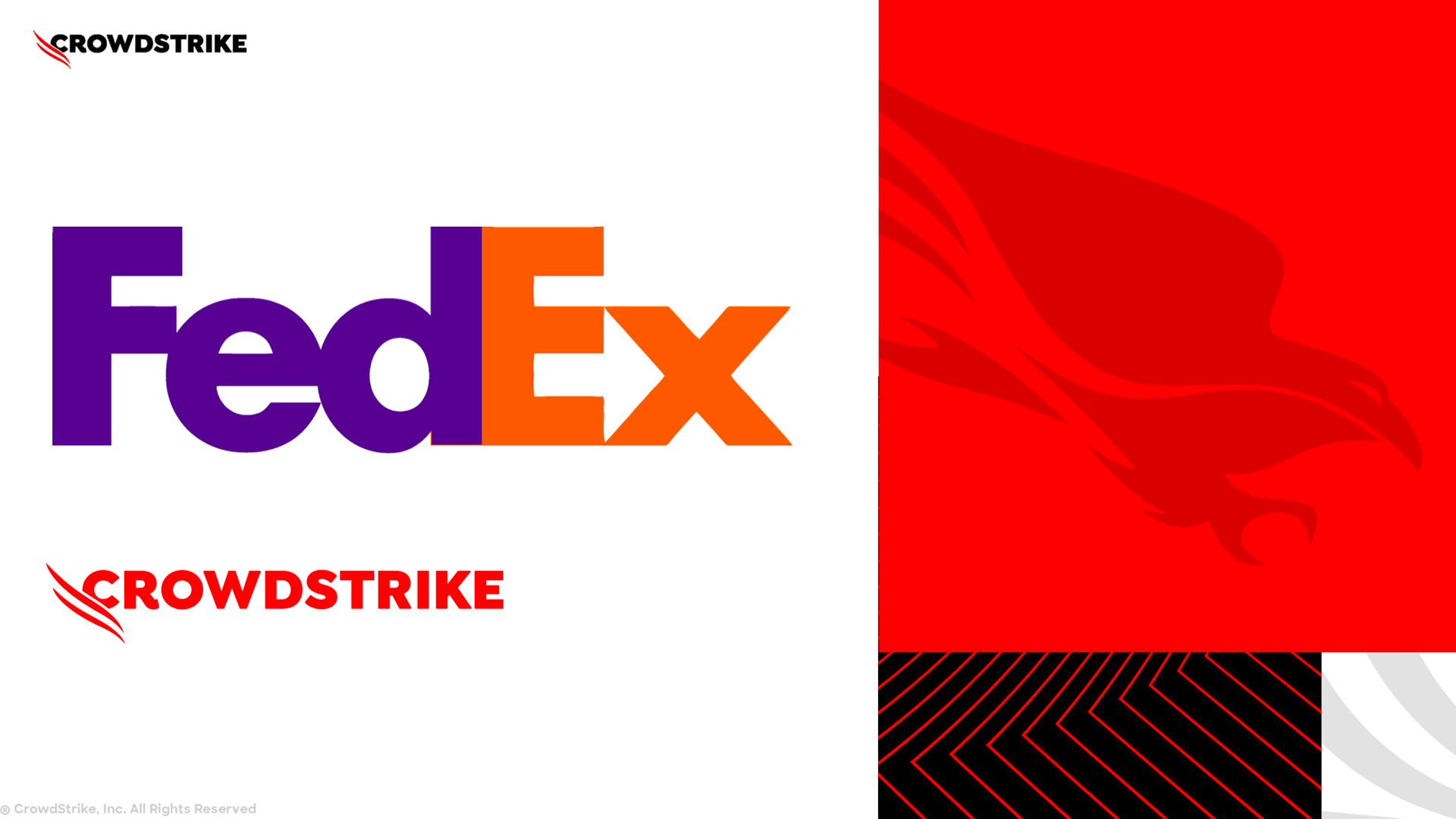 the orange and purple FedEx logo and the red CrowdStrike logo with a red falcon.
