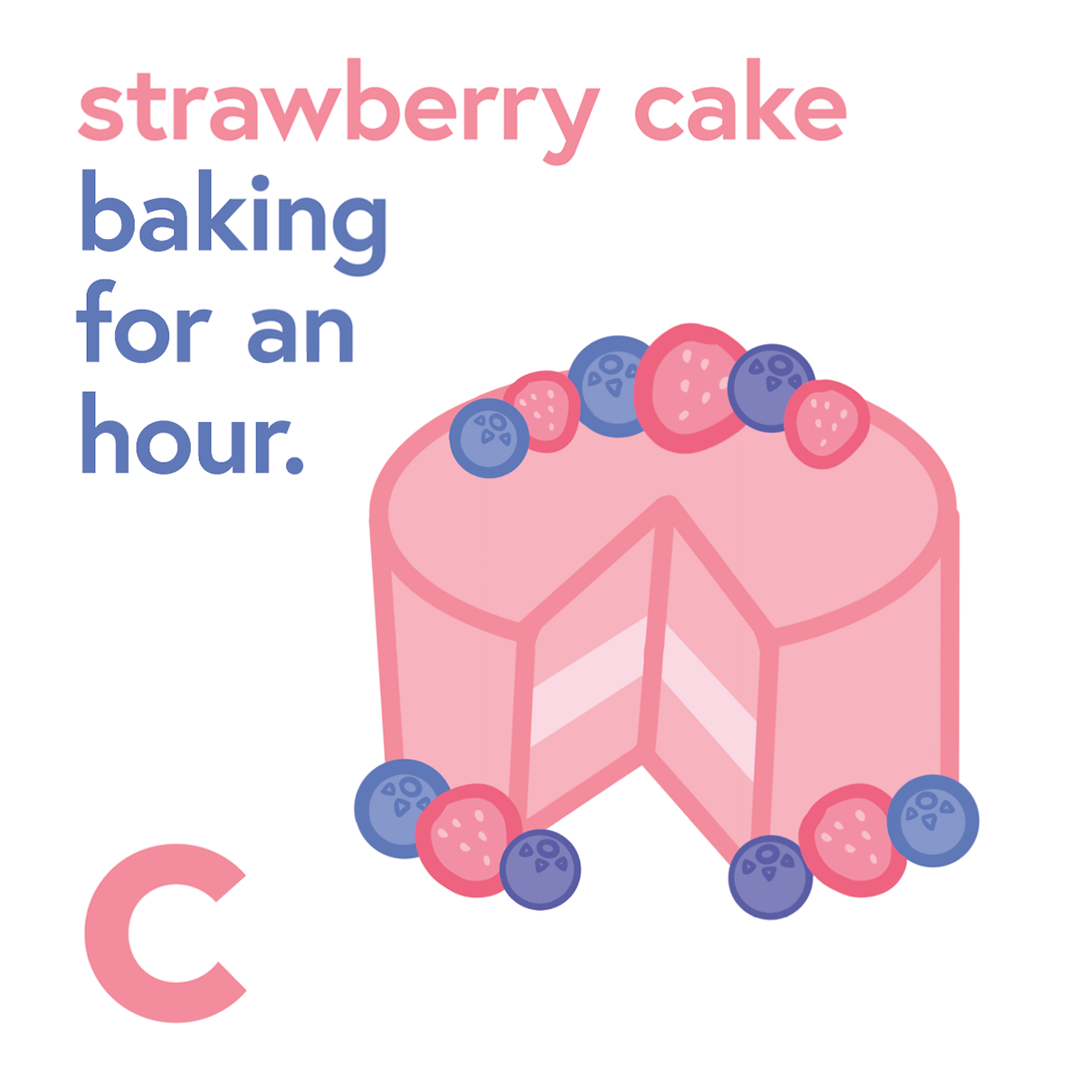a pink berry cake with the words "strawberry cake baking for an hour" with the letter c.