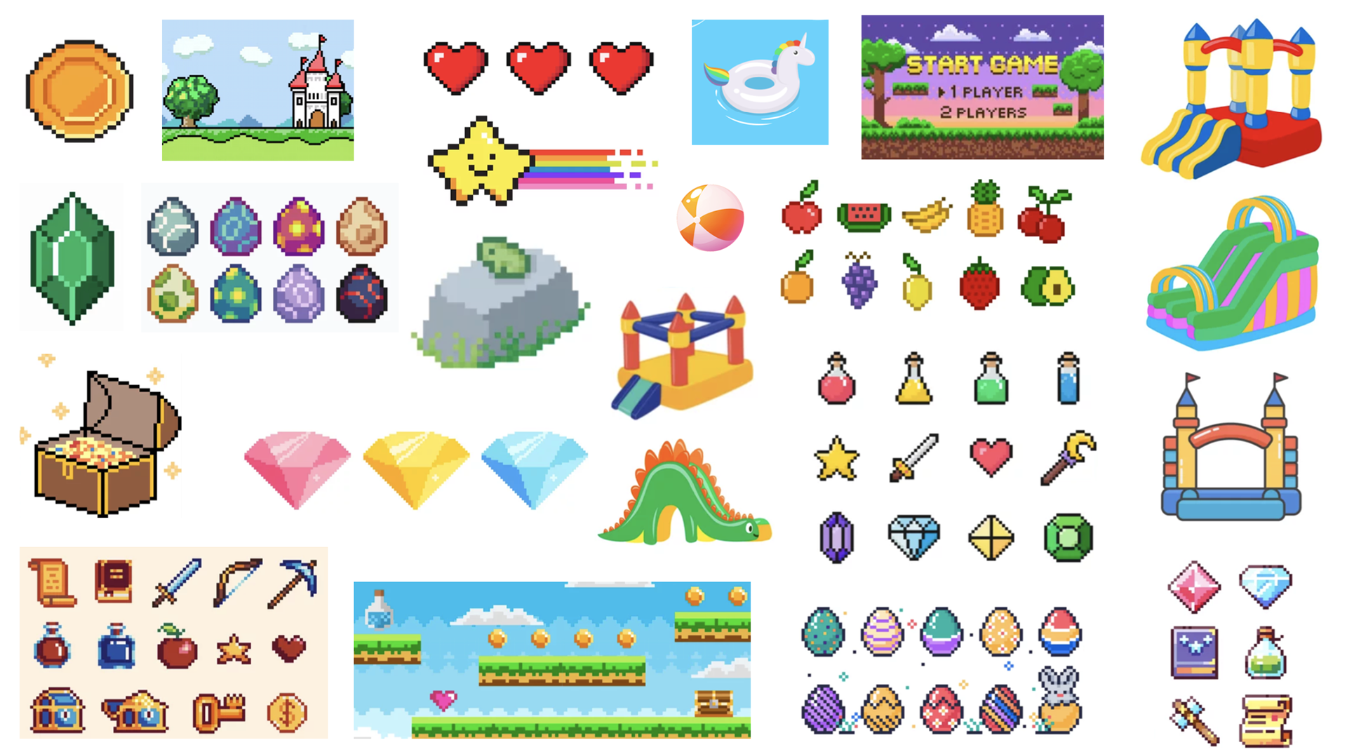 a collection of various colorful items with the theme of video games, medieval castles, and bouncy castle  