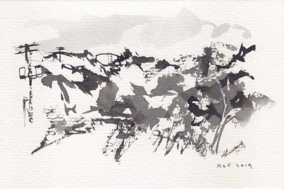 From Series #190606B, 2019. Ink, graphite and acrylic on 140lb watercolor paper, 4 x 6 in.
