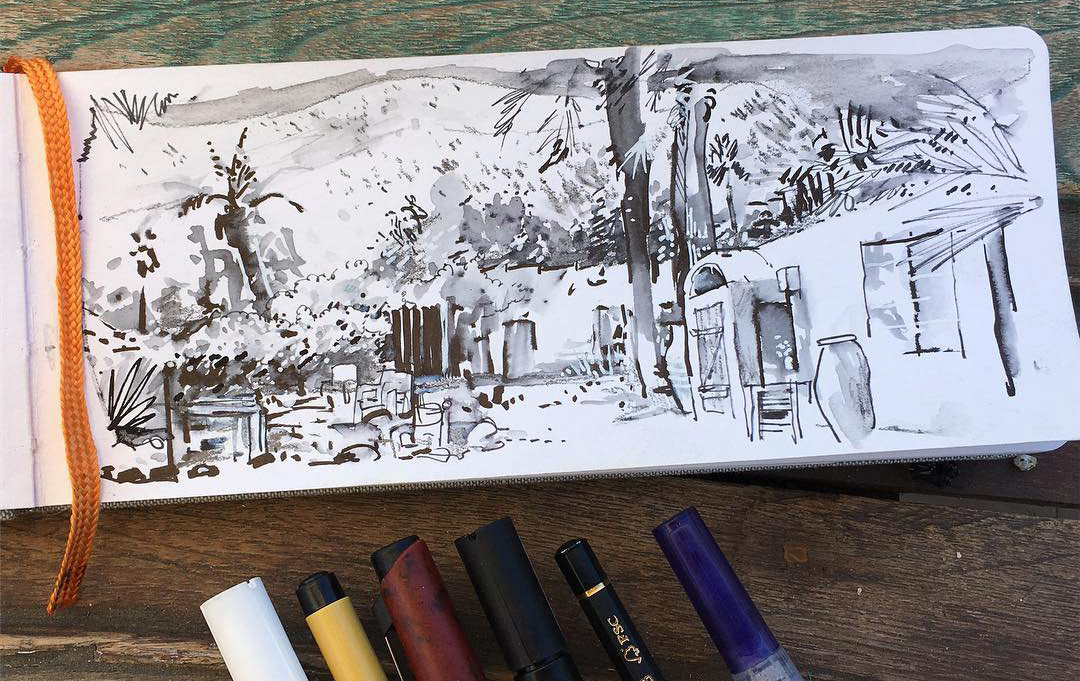 At Korakia Pensione, ink and graphite on paper, 2019