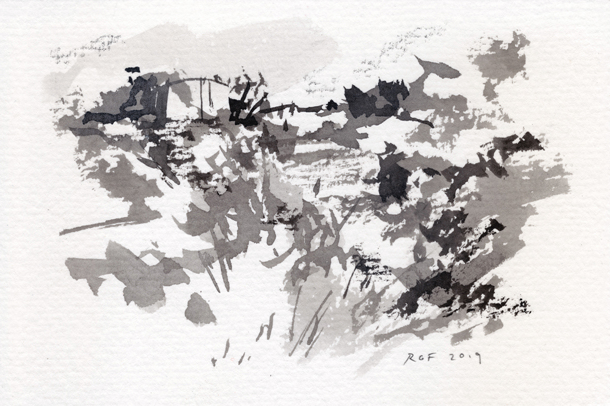 From Series #190606B, 2019. Ink, graphite and acrylic on 140lb watercolor paper, 4 x 6 in.