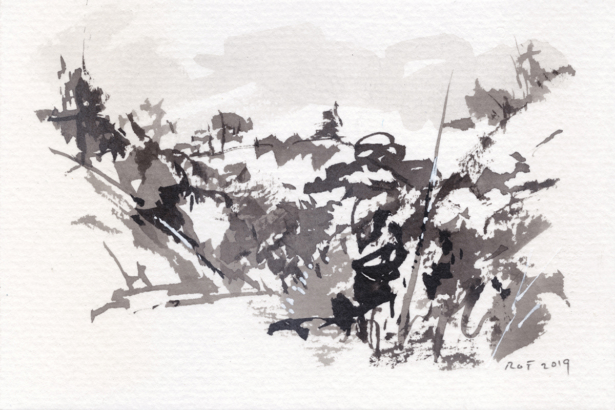 From Series #190606B, 2019. Ink, graphite and acrylic on 140lb watercolor paper, 4 x 6 in.