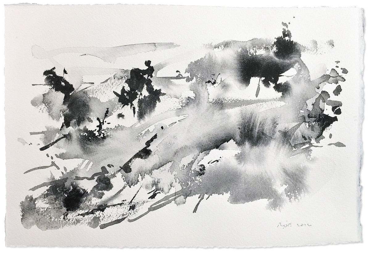 #1602G, 2016. Sumi ink on coarse watercolor paper, 11.5 x 7.5 in.