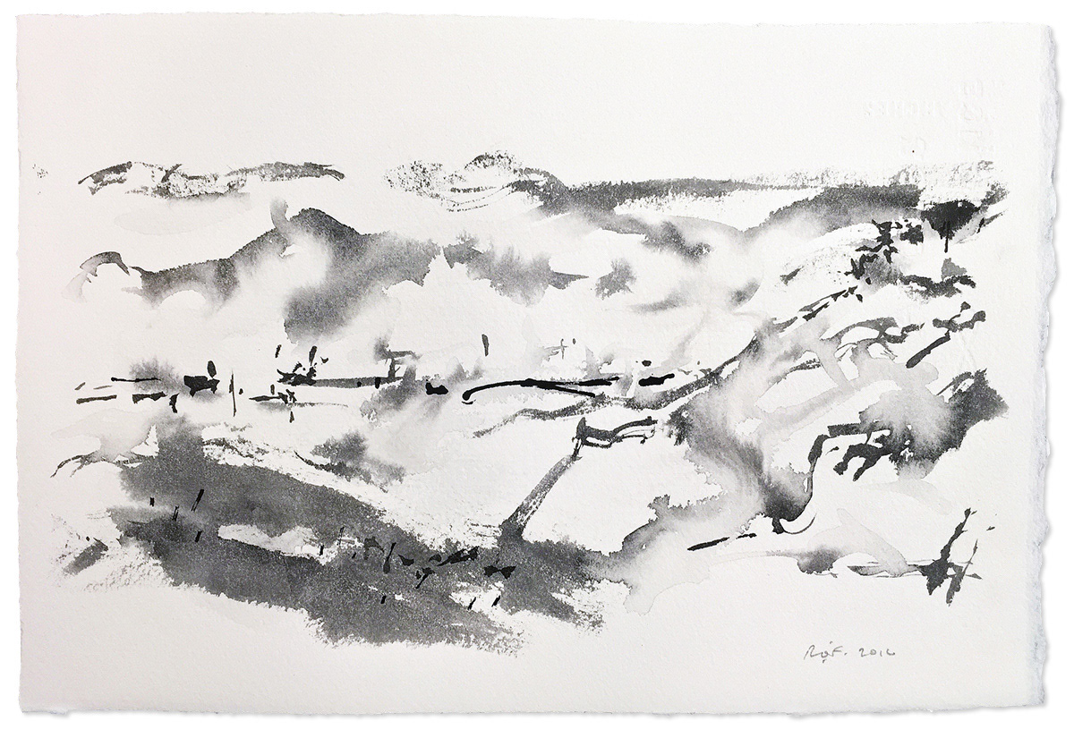 #1602B, 2016. Sumi ink on coarse watercolor paper, 11.5 x 7.5 in.
