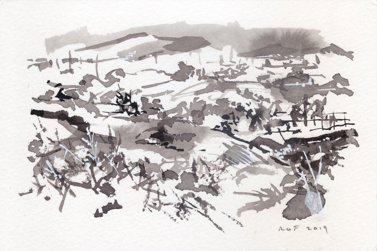 From Series #190606A, 2019. Ink, graphite and acrylic on 140lb watercolor paper, 4 x 6 in.