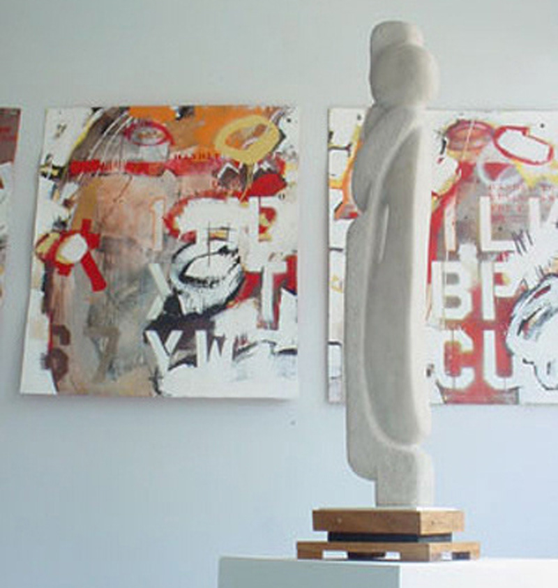 With sculpture by Jake Webster; from Banner Series, acrylic, enamel and graphite on paper pulp, 40 x 72 inches, 2002