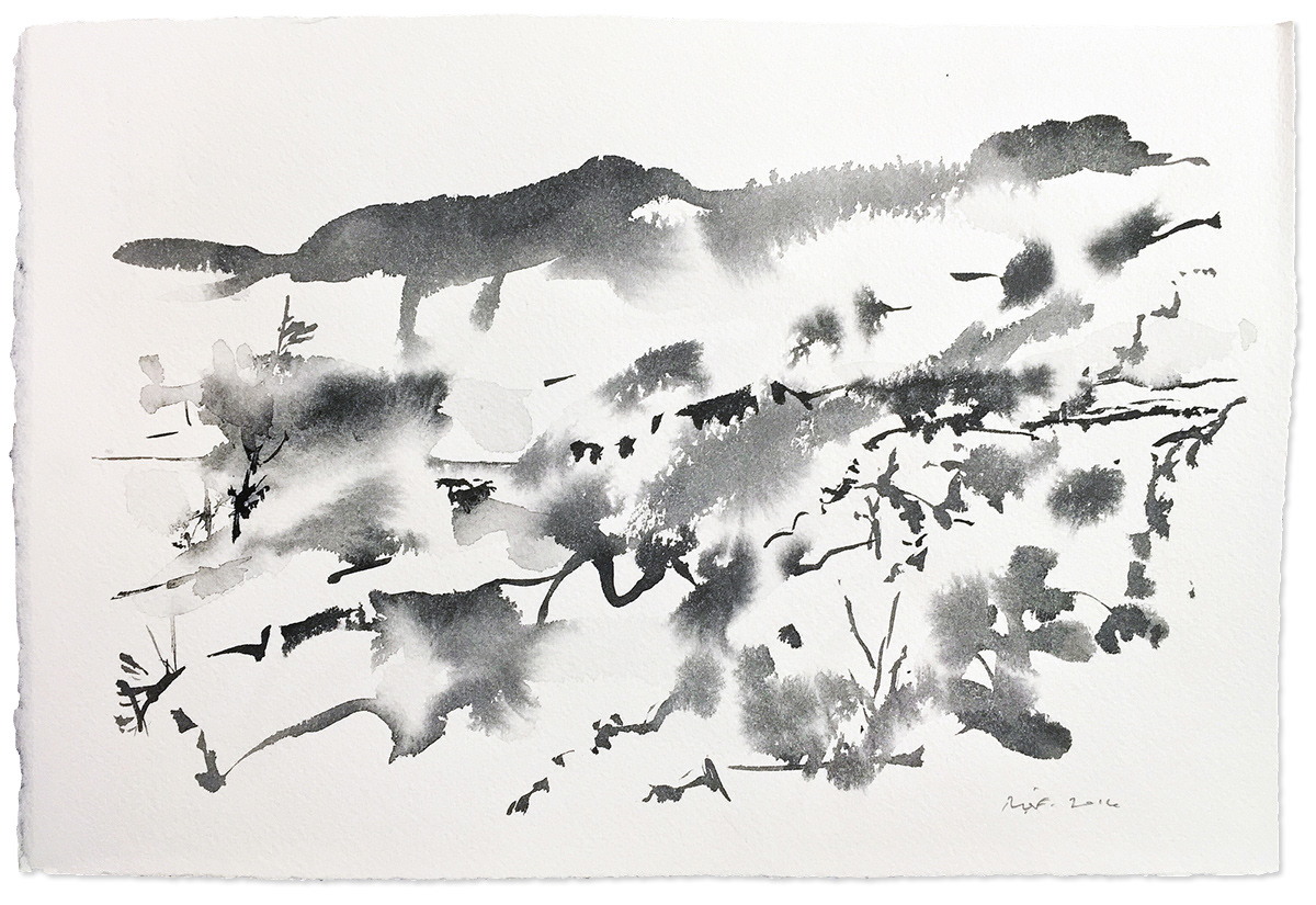 #1602J, 2016. Sumi ink on coarse watercolor paper, 11.5 x 7.5 in.