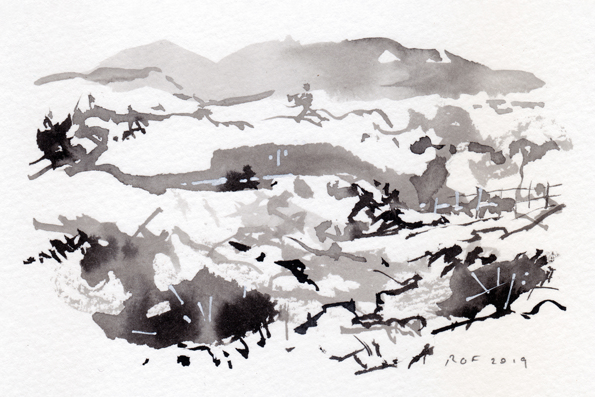 From Series #190606A, 2019. Ink, graphite and acrylic on 140lb watercolor paper, 4 x 6 in.