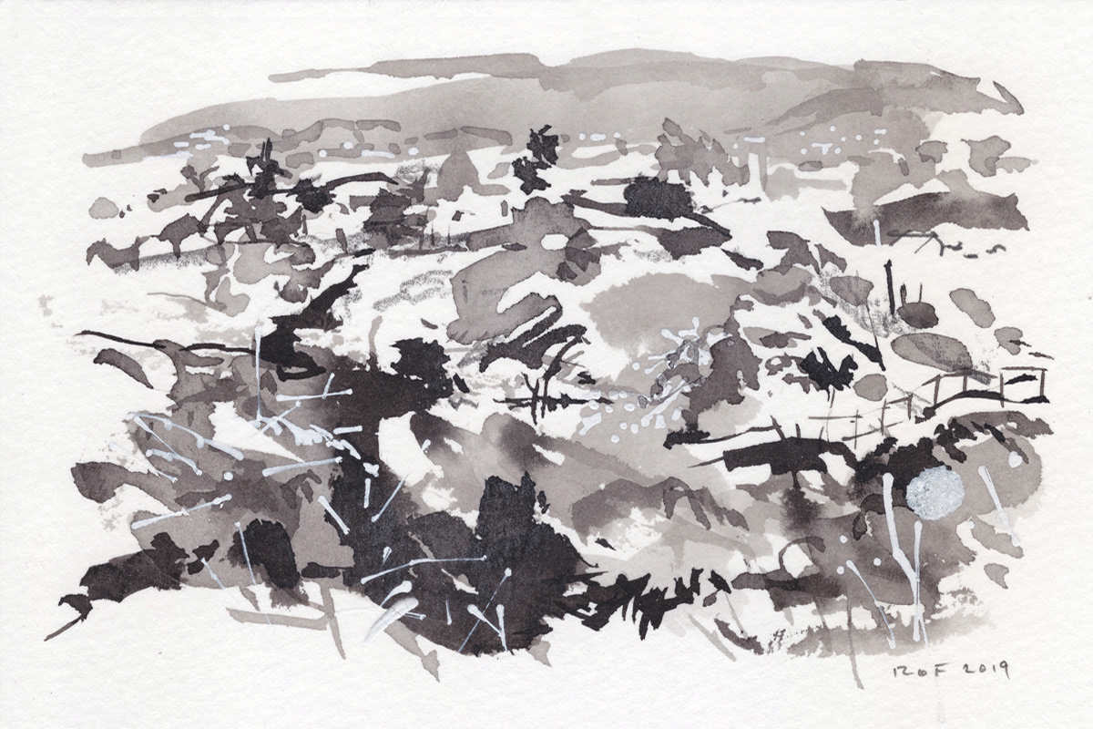 From Series #190606A, 2019. Ink, graphite and acrylic on 140lb watercolor paper, 4 x 6 in.