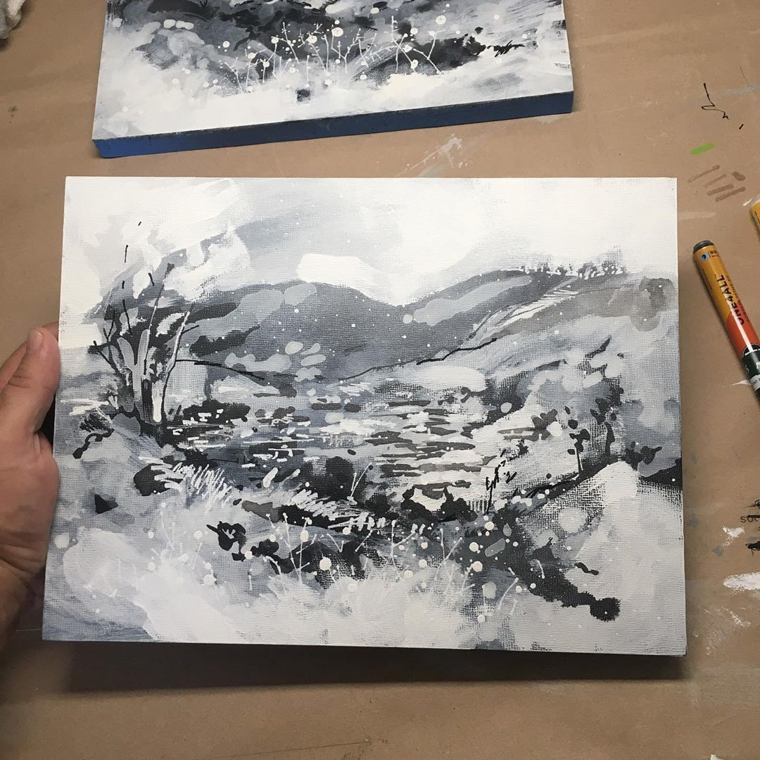 From 190708 series, 2019. Ink and acrylic on cradled wood panel, 12"x9"