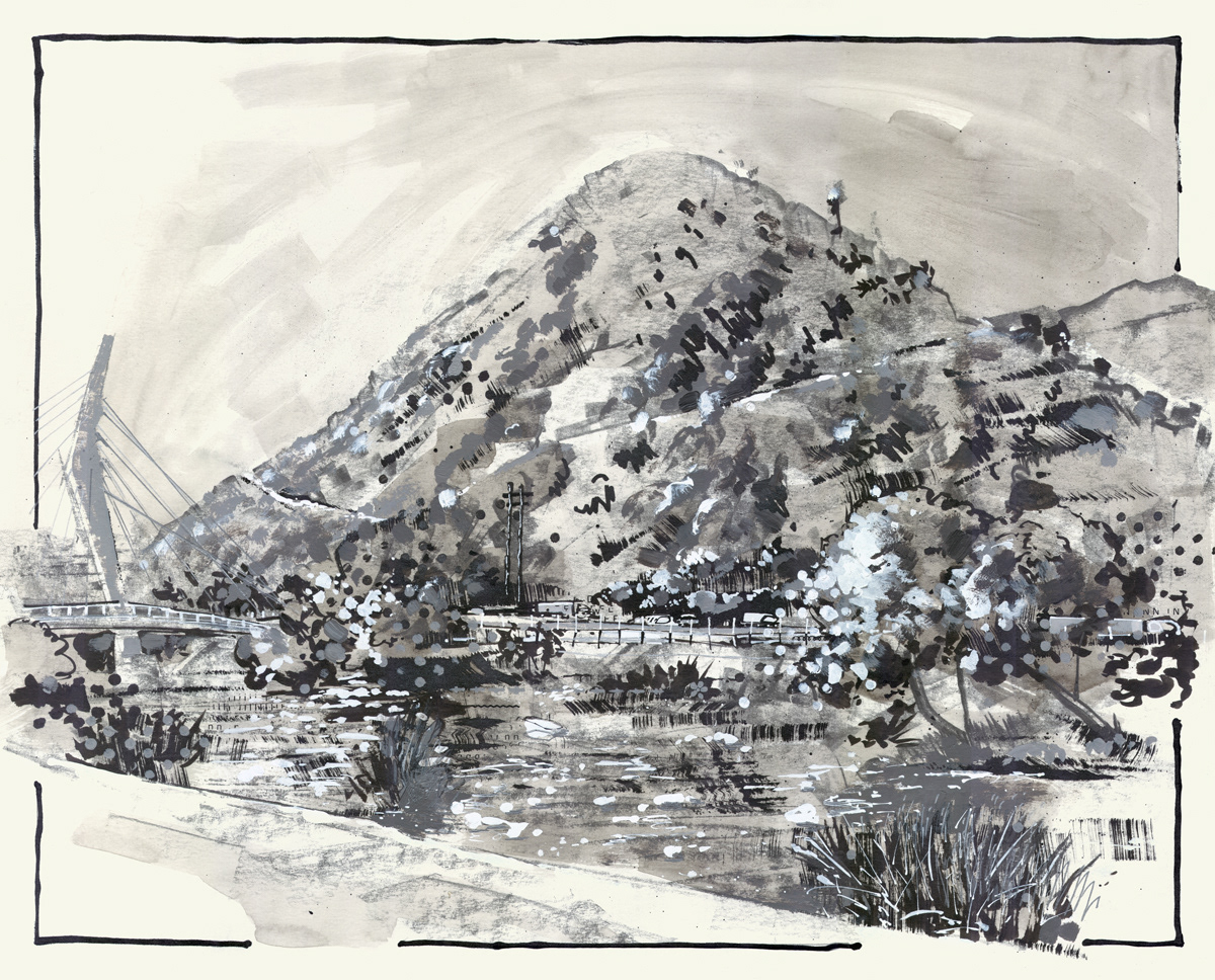 View of Beacon Hill from North Atwater Park, Los Angeles, 2019. Ink, graphite and acrylic on bristol, 20"x16".