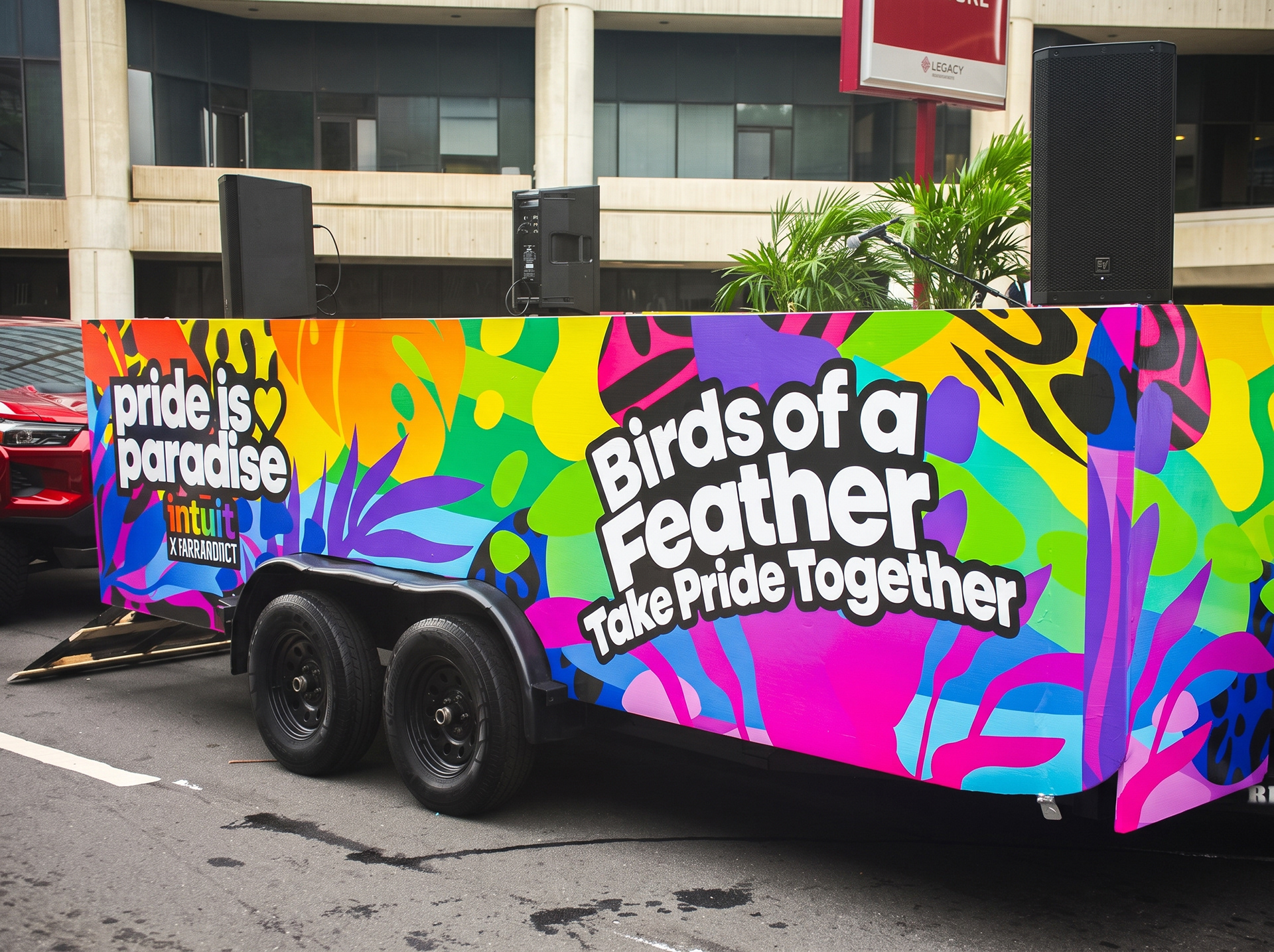 Close-up of colorful Atlanta Pride trailer graphics produced with large-format printing for a corporate parade and event display.