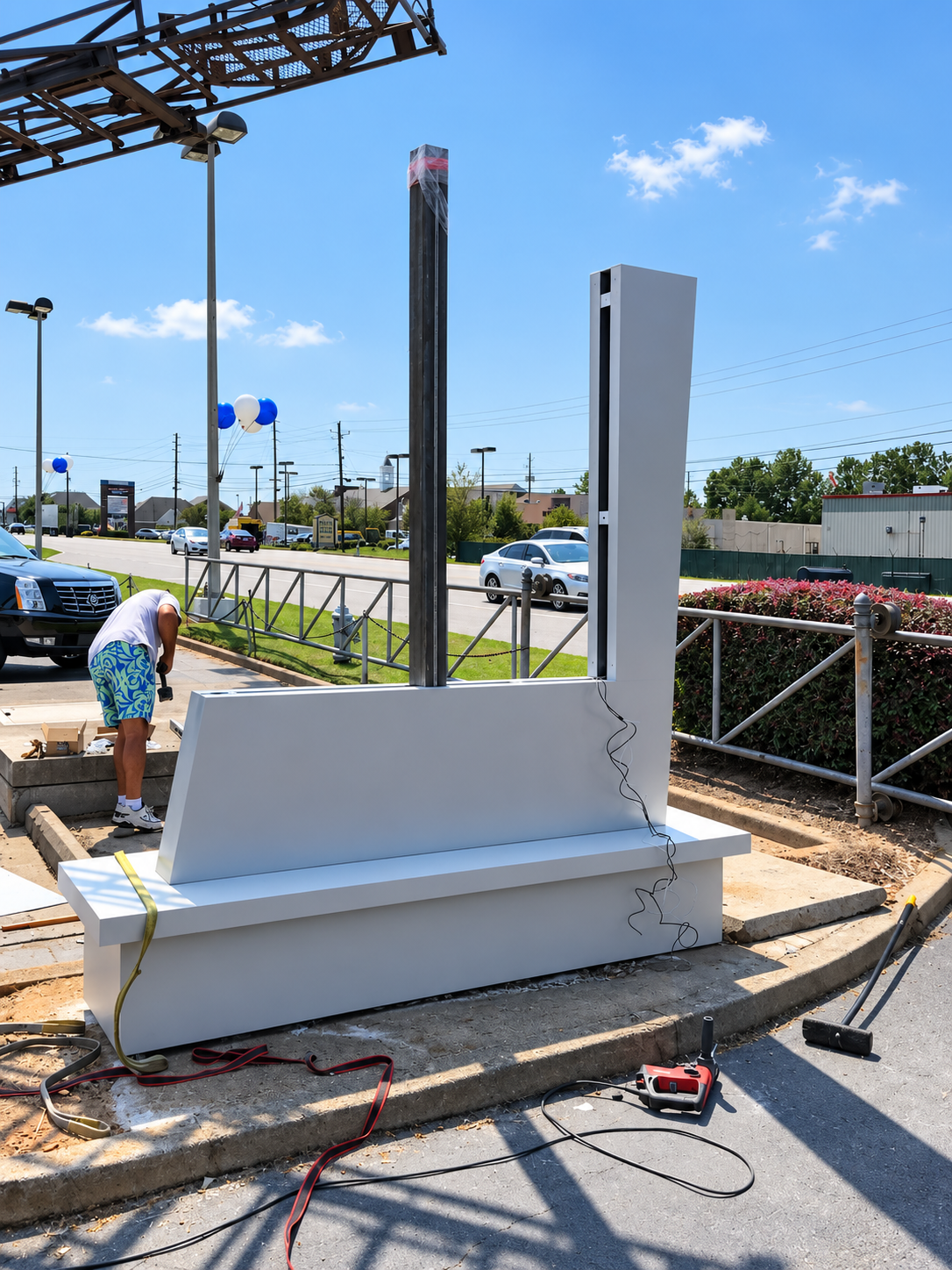 Monument sign installation in progress, showing the structural base, support system and on-site preparation before final branded components are installed.