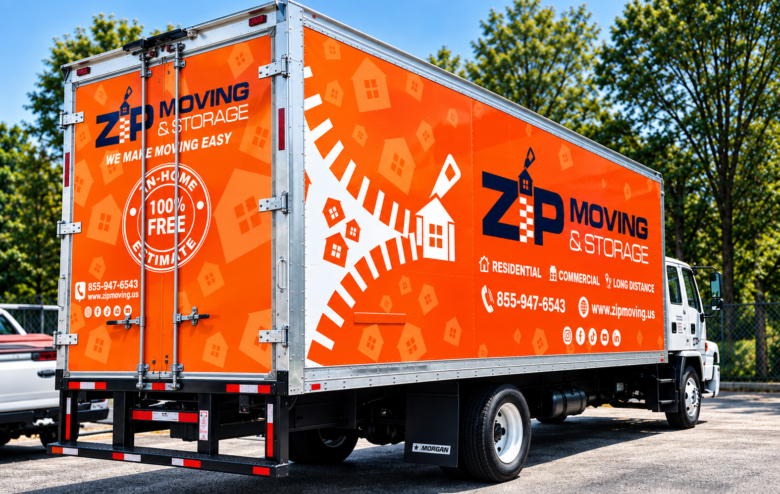 Rear view of a full box truck wrap in Atlanta featuring custom moving company graphics, service branding and large-format vehicle advertising.