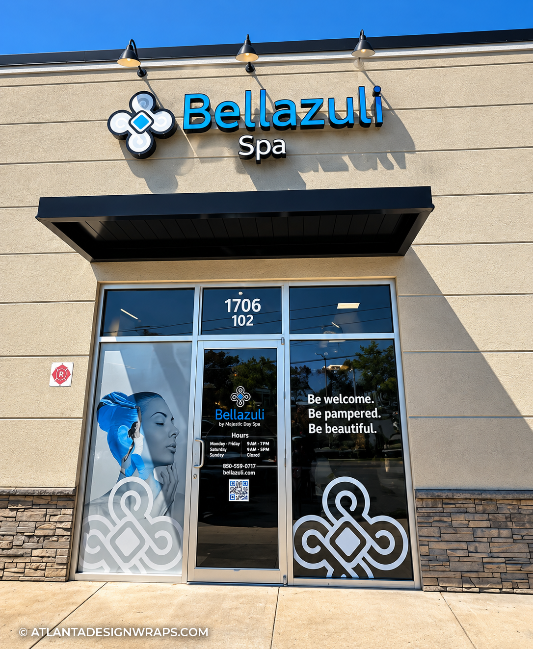 Bellazuli Spa storefront featuring custom signs, window graphics and branding designed by an Atlanta graphic design studio.