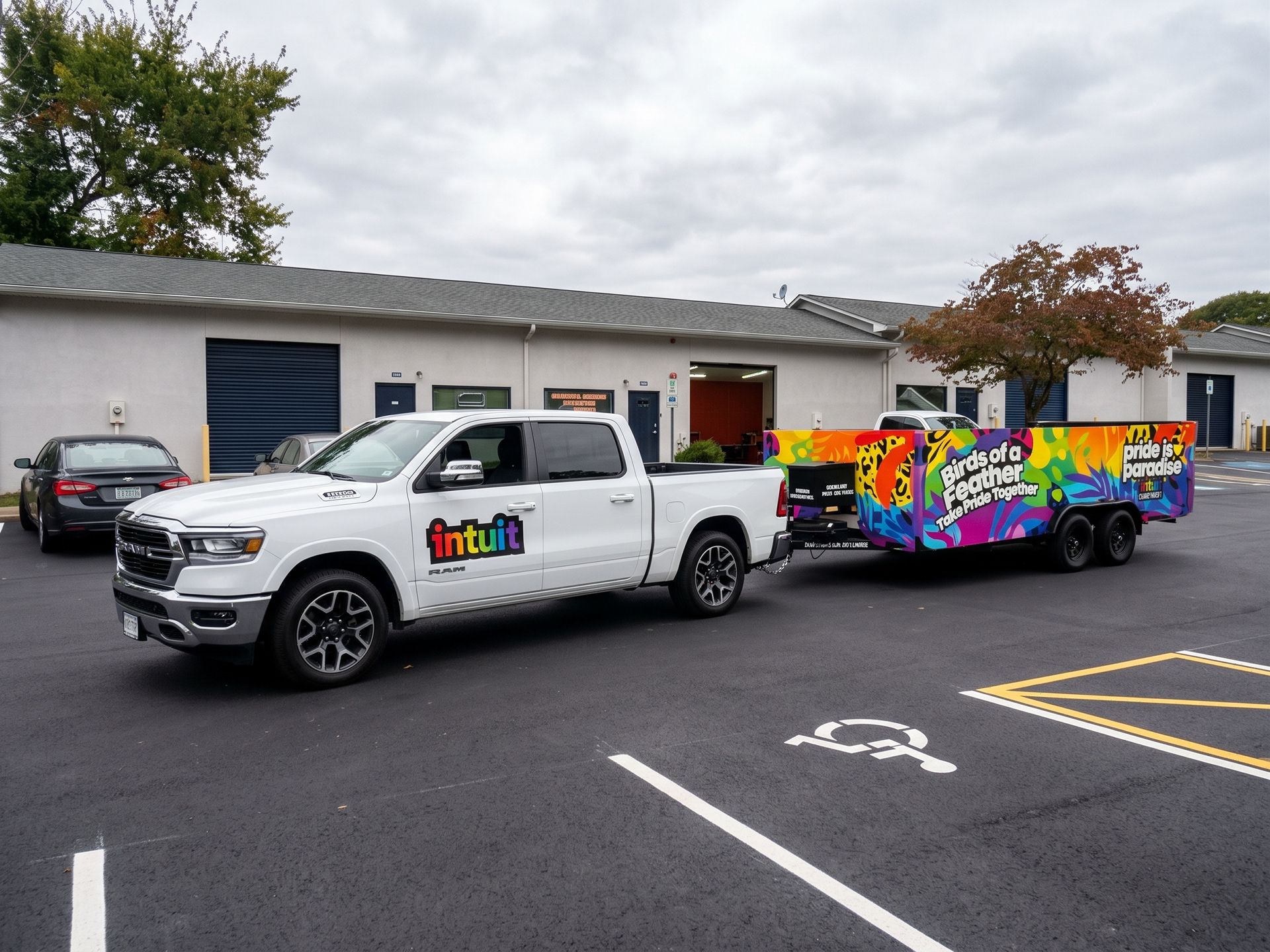 Atlanta Pride parade float graphics featuring a branded pickup truck and colorful wrapped trailer produced for a corporate event.