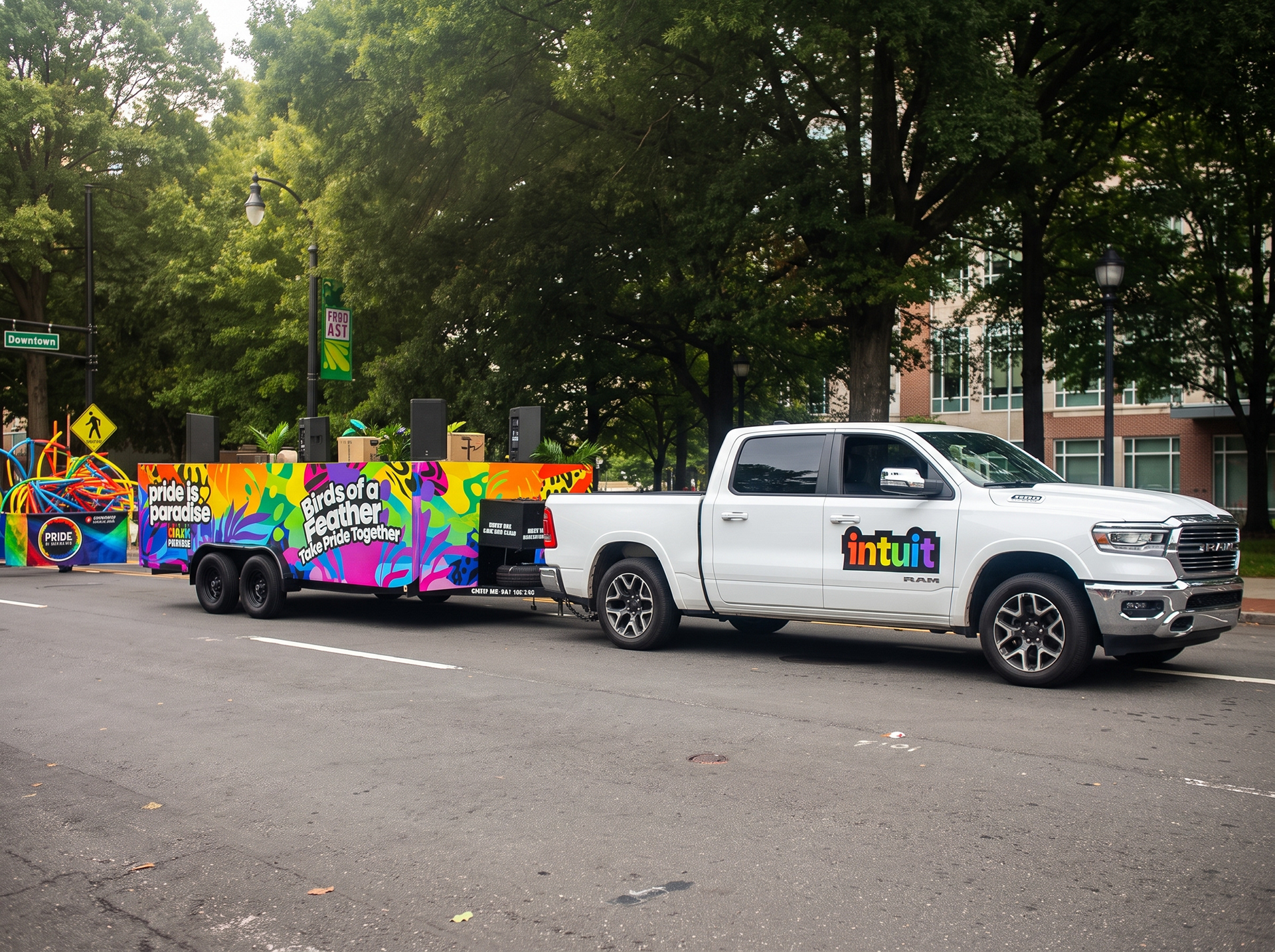 Atlanta event vehicle graphics project showing a branded pickup truck and custom trailer wrap prepared for a corporate parade activation.