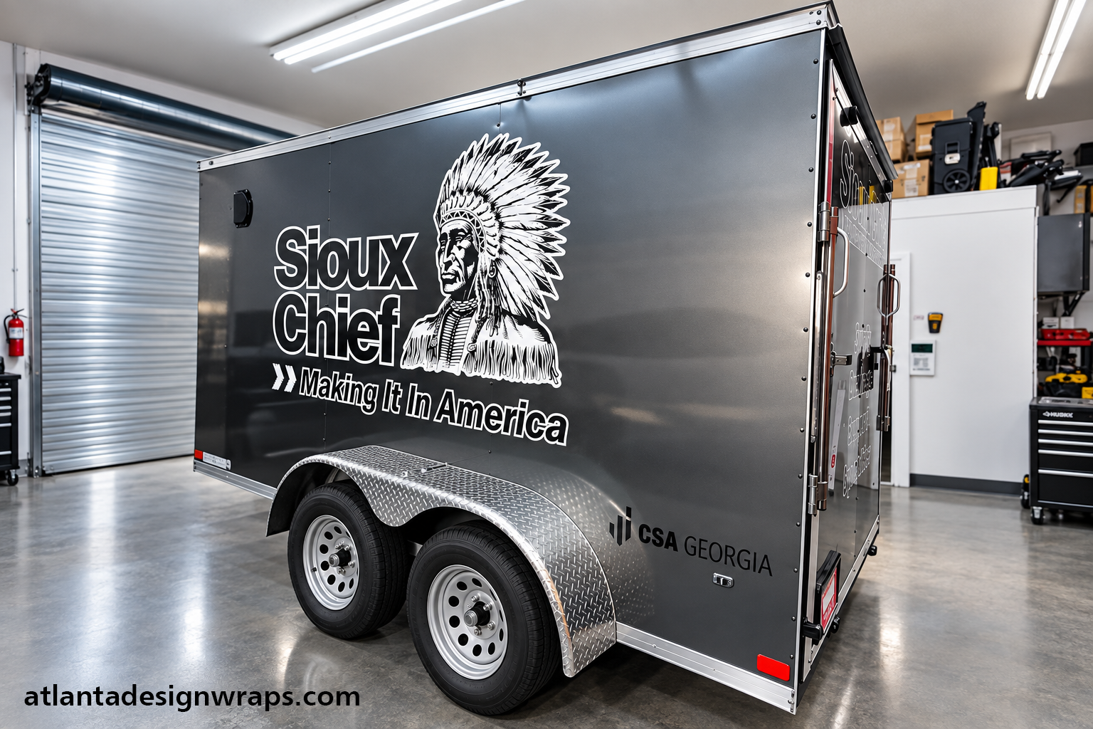Commercial trailer graphics in Atlanta featuring custom manufacturing branding, large-format vinyl graphics and professional installation.