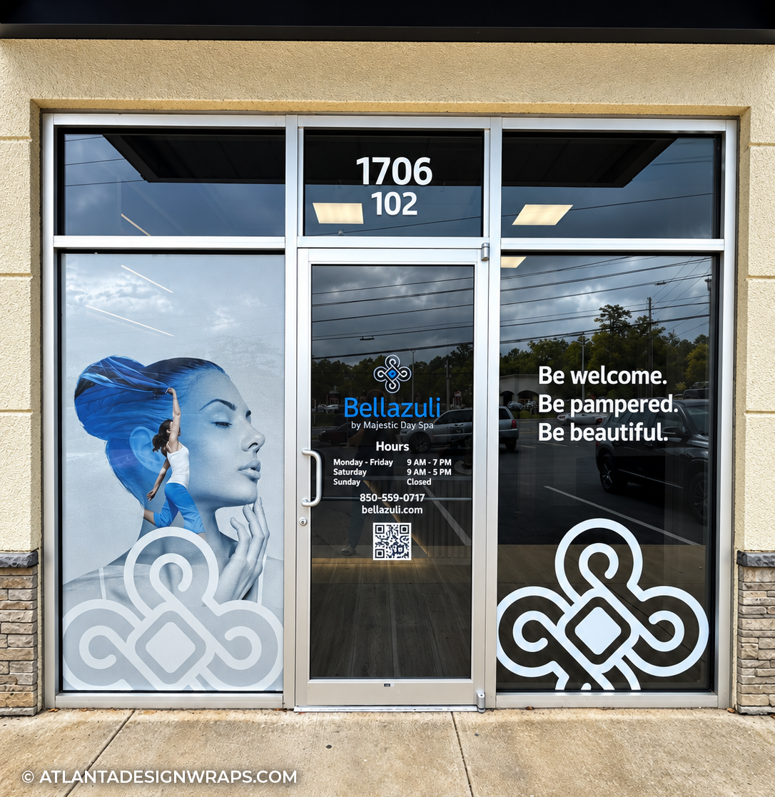 Custom perforated window graphics, door graphics and visual identity for Bellazuli Spa by an Atlanta graphic design company.