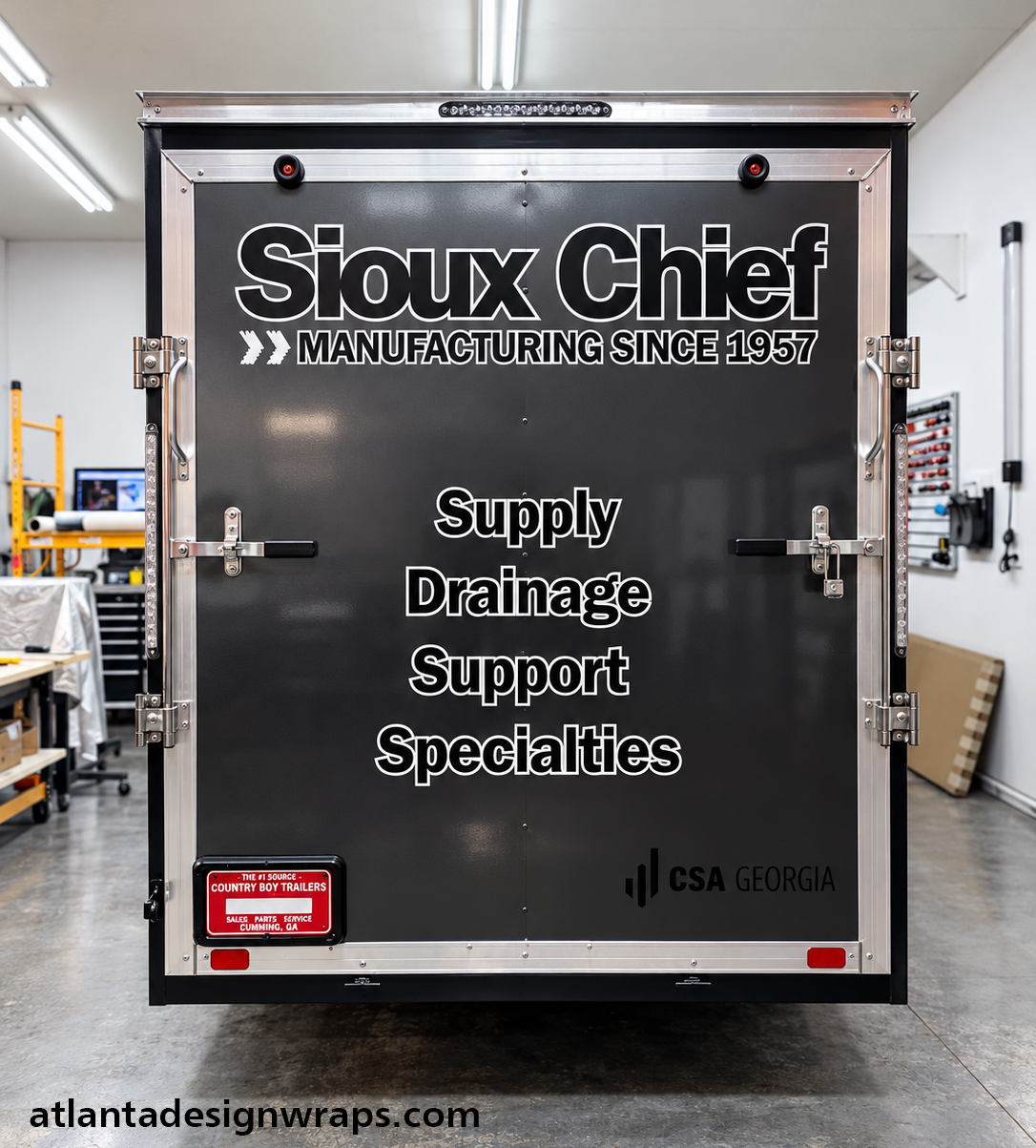 Rear view of commercial trailer graphics in Atlanta with branded lettering, service messaging and custom fleet identification.