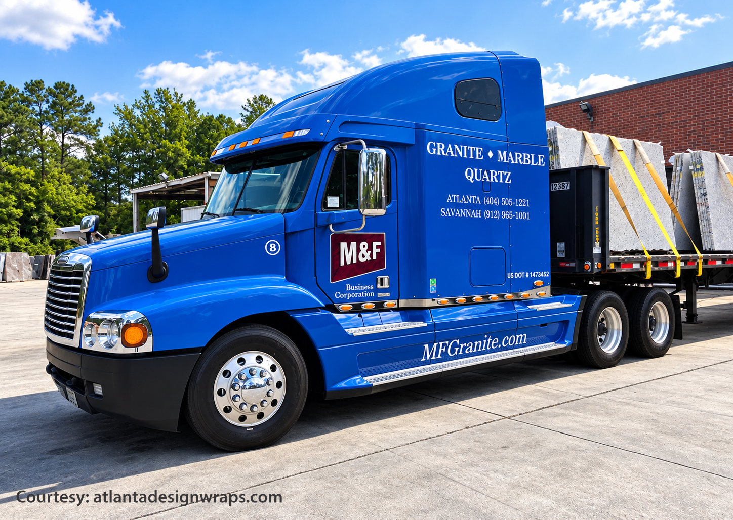 Semi truck lettering in Atlanta with commercial fleet branding, company identification and DOT graphics.