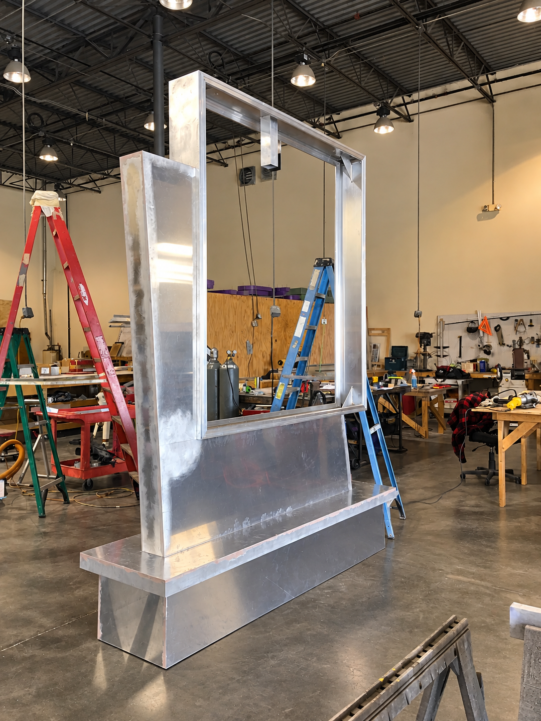 Custom aluminum monument sign frame during fabrication, highlighting the structural construction and manufacturing process behind finished architectural signage.