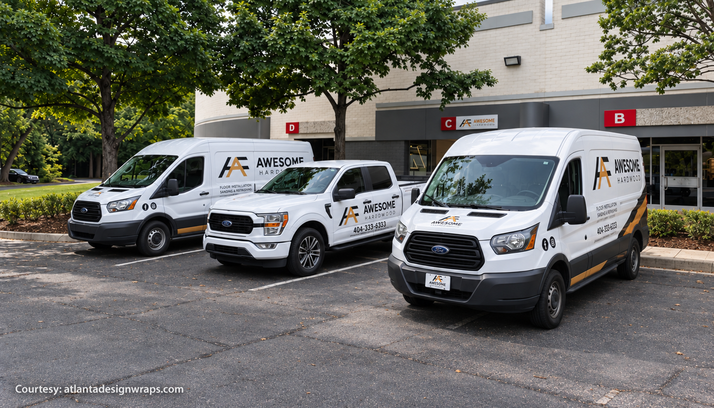 Atlanta fleet graphics showing coordinated commercial vehicle branding across multiple vans and a pickup truck.