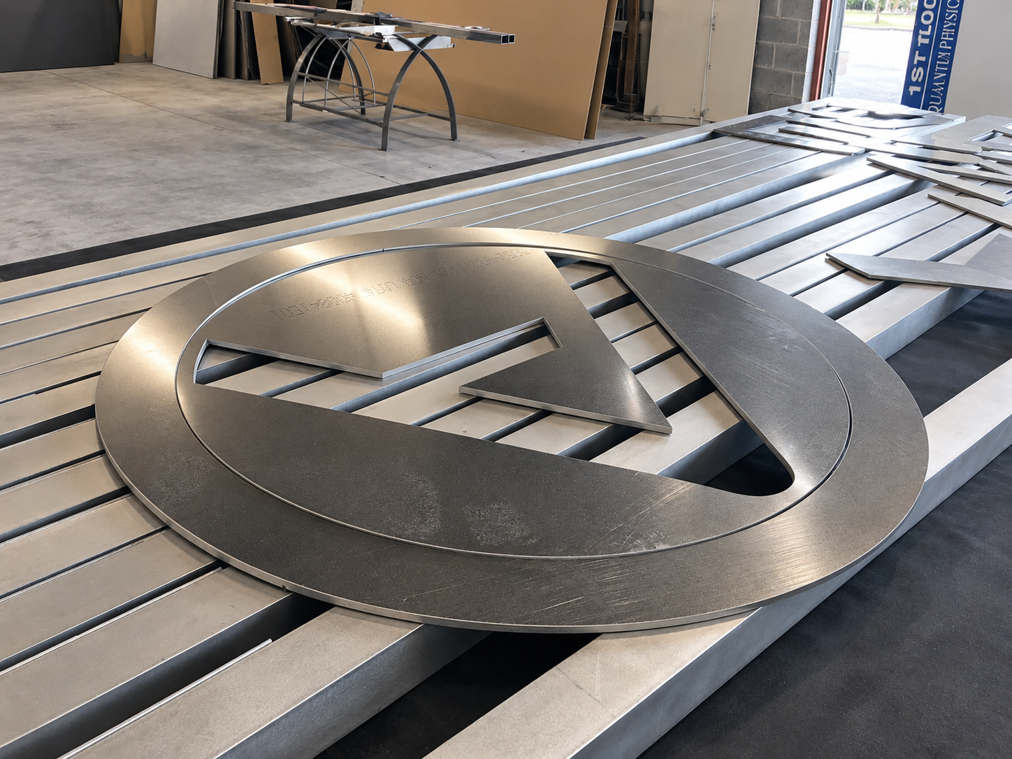 Fabricated dimensional metal logo in production, demonstrating the precision and material craftsmanship behind custom architectural signage.