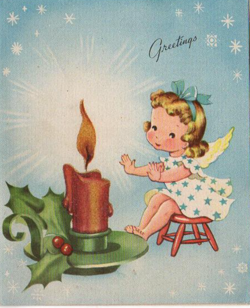 Vintage 1940s Christmas Card Angel Warming Hands over a Lit Candle Flame Whit. O-1219B