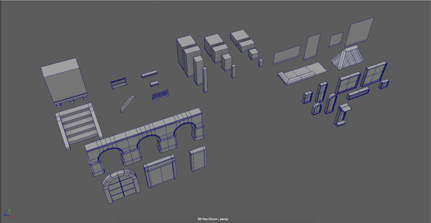 Modular kit in Maya. Low poly, modeled for easy snapping in Unity