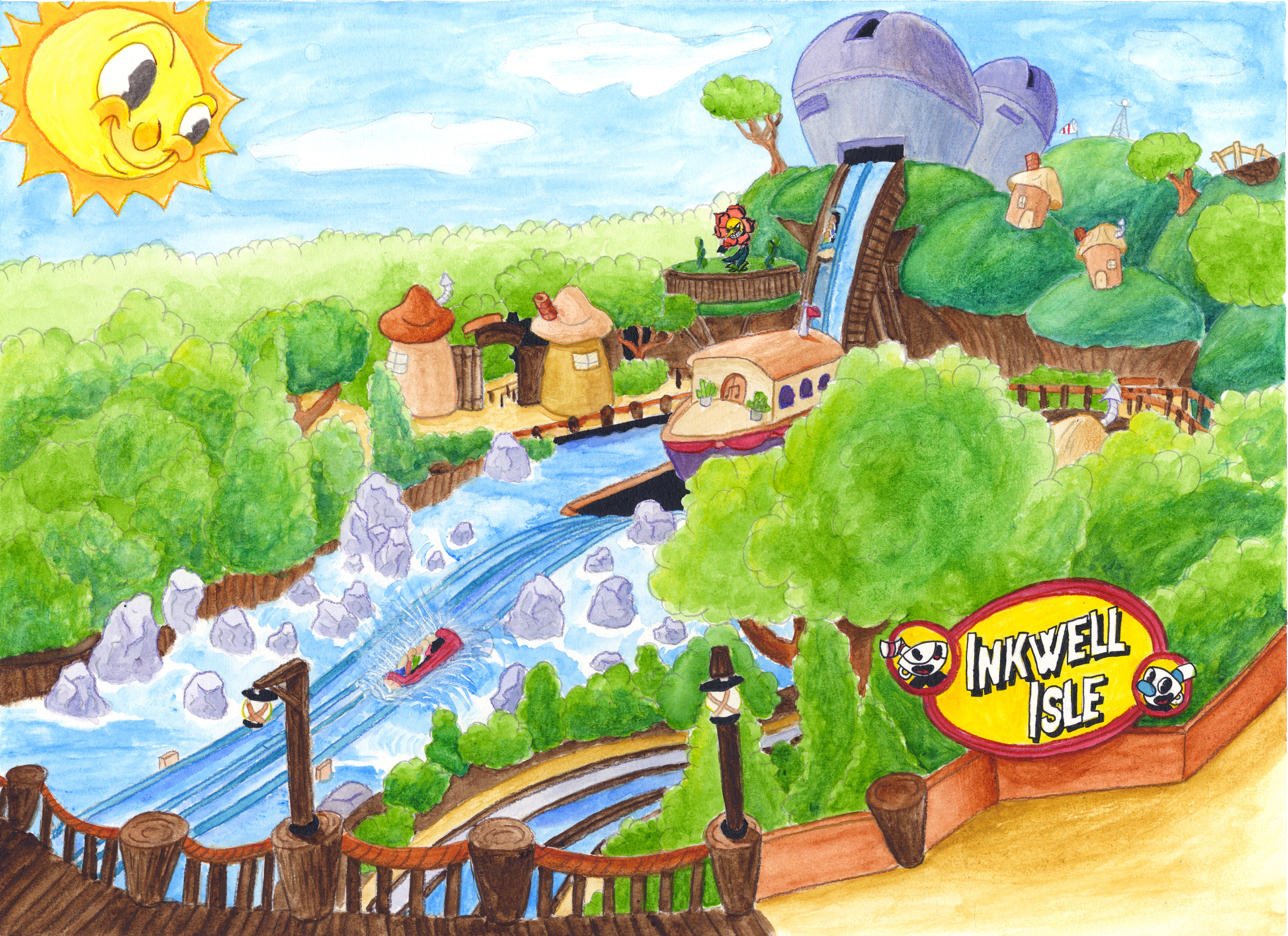 Cuphead log flume attraction (Watercolor, colored pencil & ink, 2024)