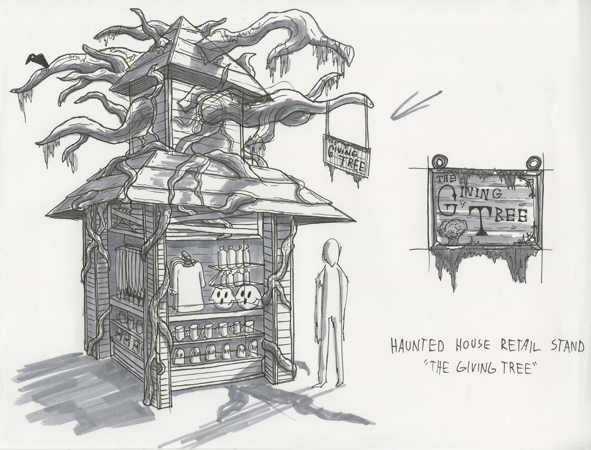 Haunted Retail Kiosk (Ink & marker, 2024)